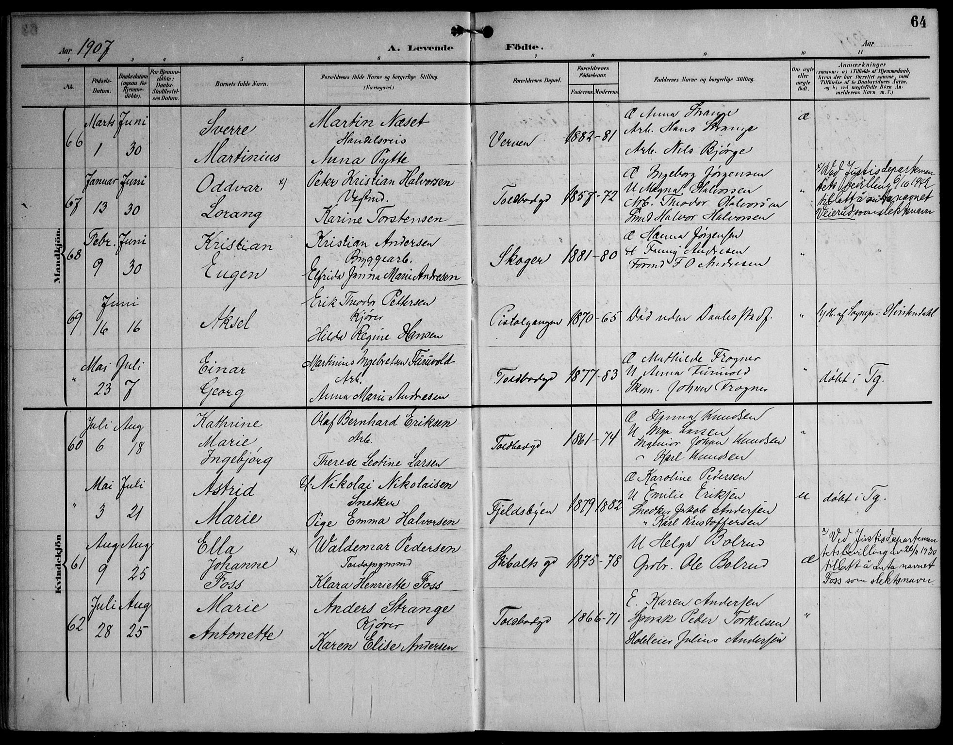Strømsø kirkebøker, AV/SAKO-A-246/F/Fa/L0026: Parish register (official) no. I 26, 1905-1914, p. 64