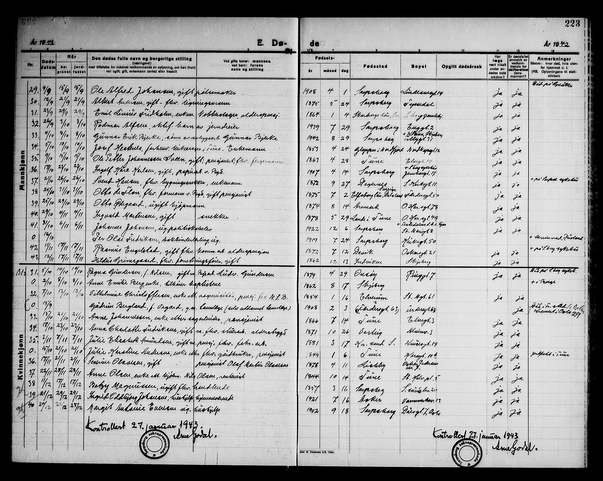 Sarpsborg prestekontor Kirkebøker, AV/SAO-A-2006/G/Ga/L0004: Parish register (copy) no. 4, 1929-1949, p. 223