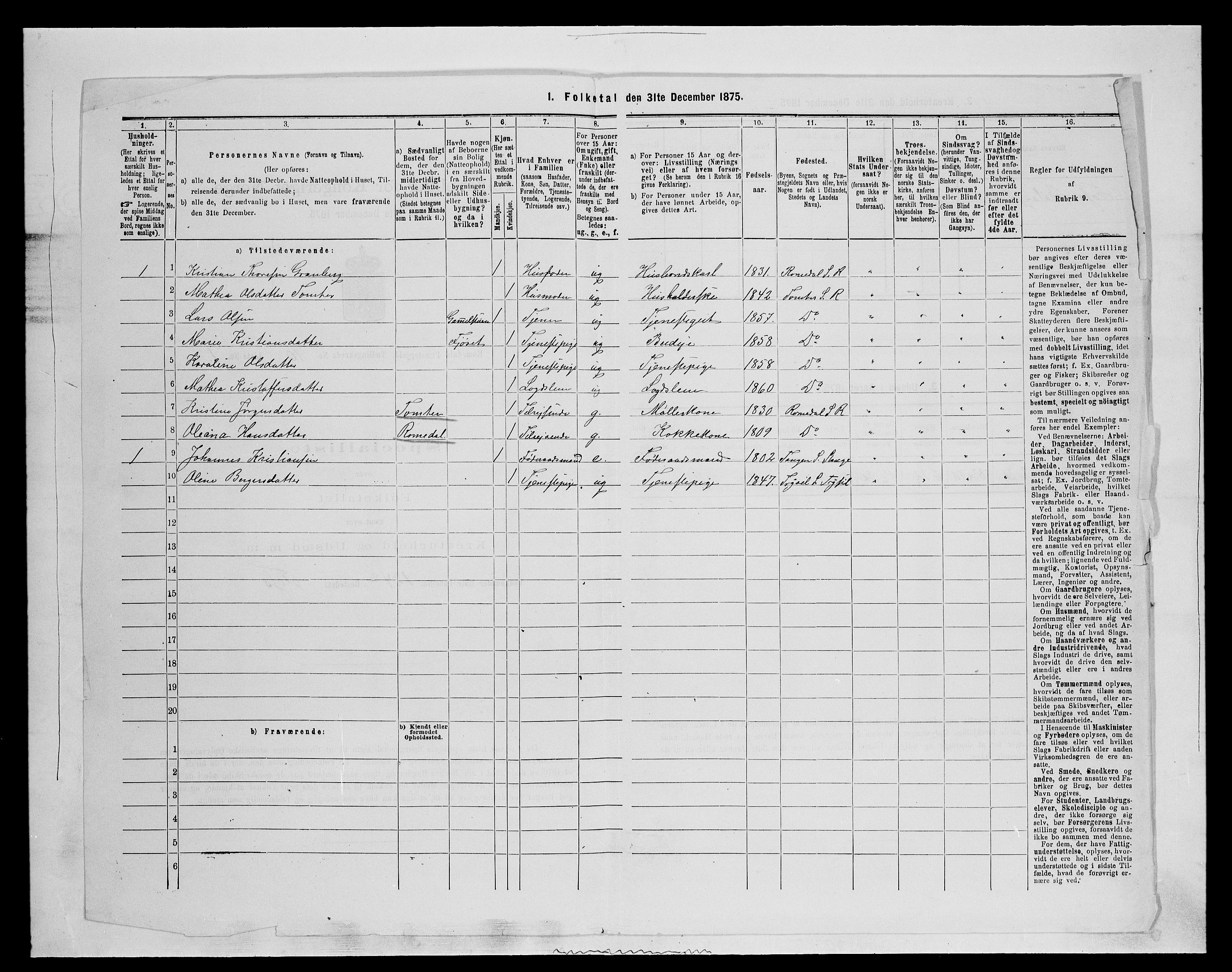 SAH, 1875 census for 0416P Romedal, 1875, p. 1536