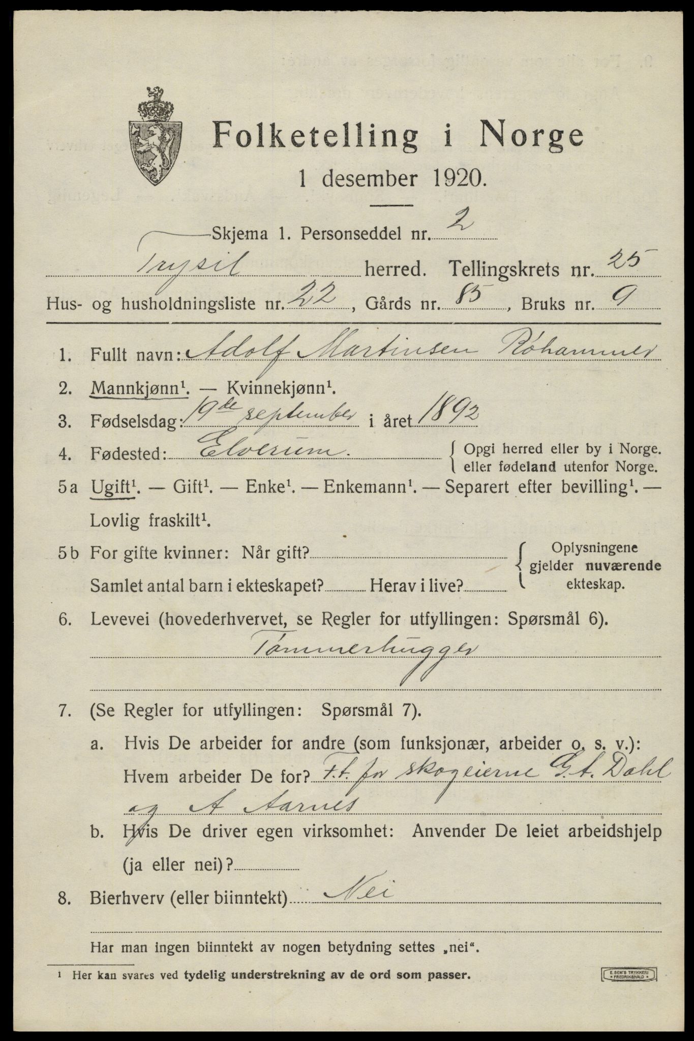 SAH, 1920 census for Trysil, 1920, p. 15953