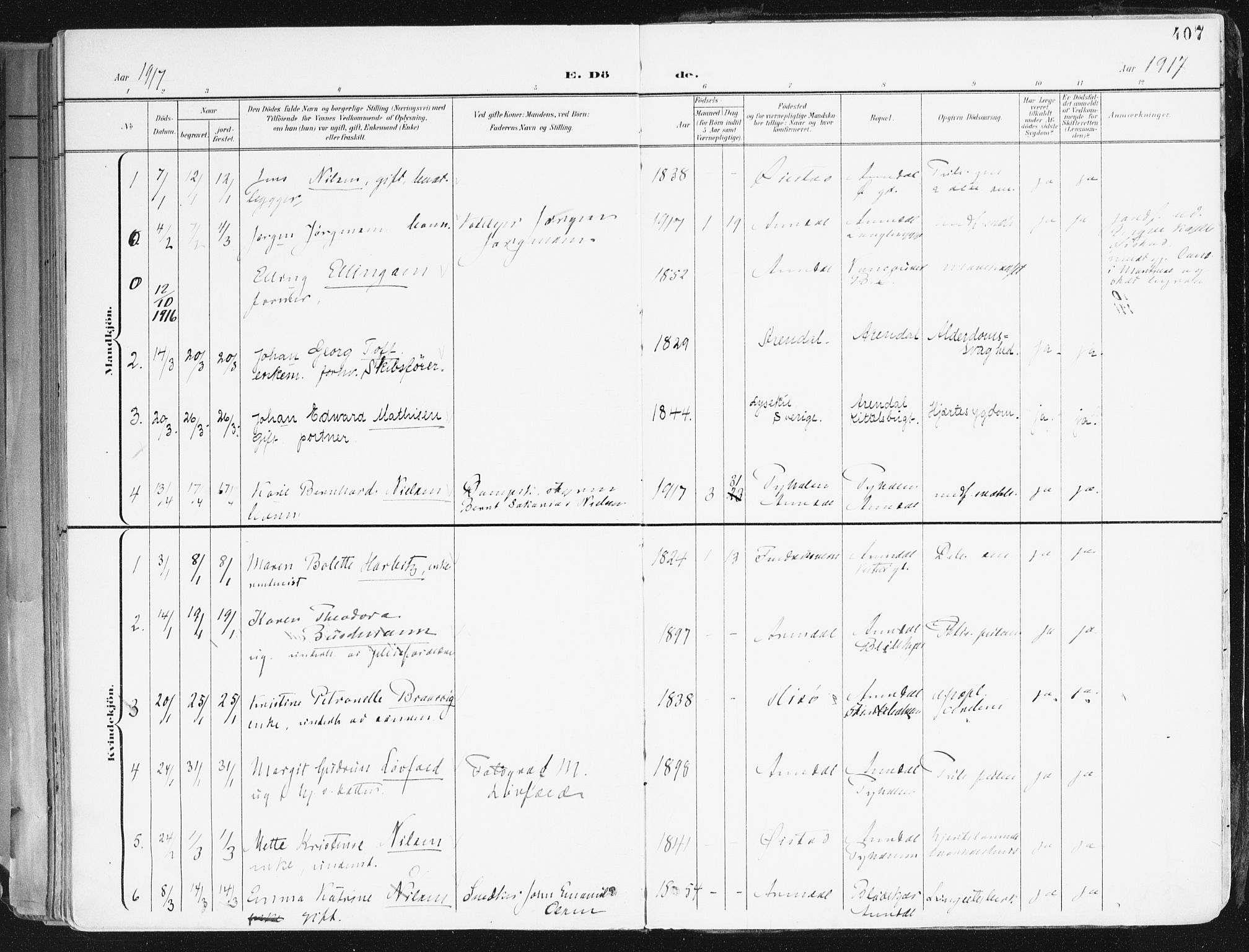 Arendal sokneprestkontor, Trefoldighet, SAK/1111-0040/F/Fa/L0010: Parish register (official) no. A 10, 1900-1919, p. 407