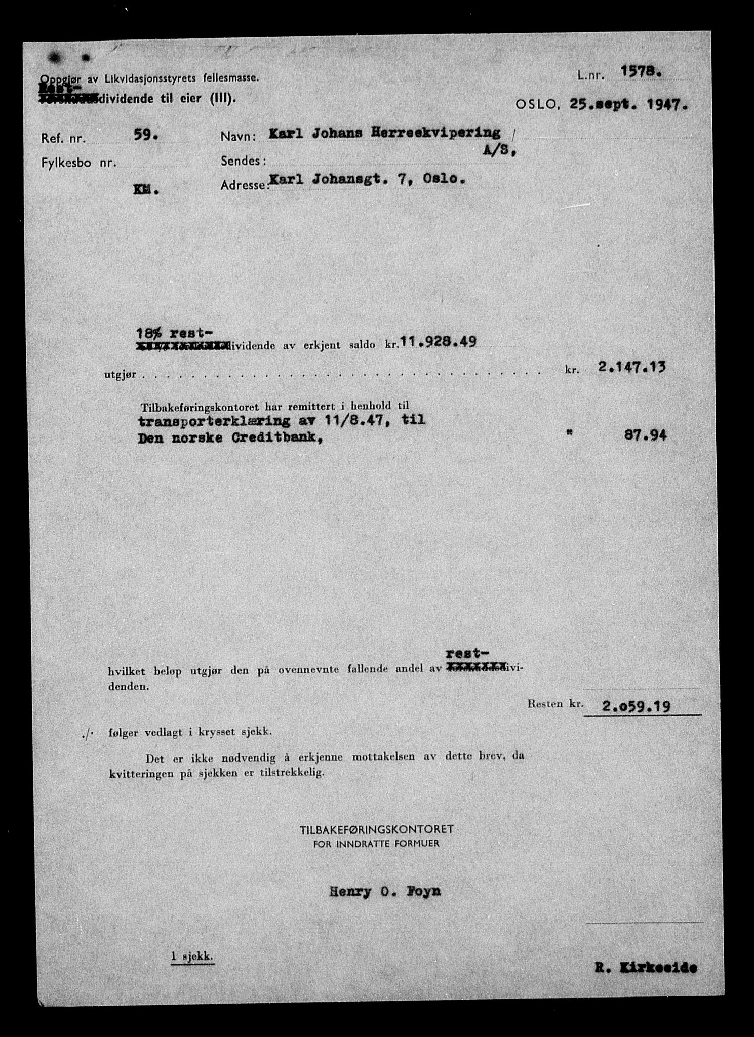 Justisdepartementet, Tilbakeføringskontoret for inndratte formuer, AV/RA-S-1564/H/Hc/Hcc/L0949: --, 1945-1947, p. 40
