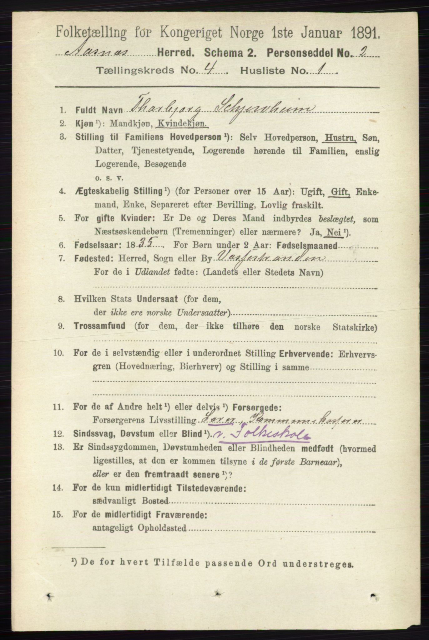 RA, 1891 census for 0425 Åsnes, 1891, p. 1672