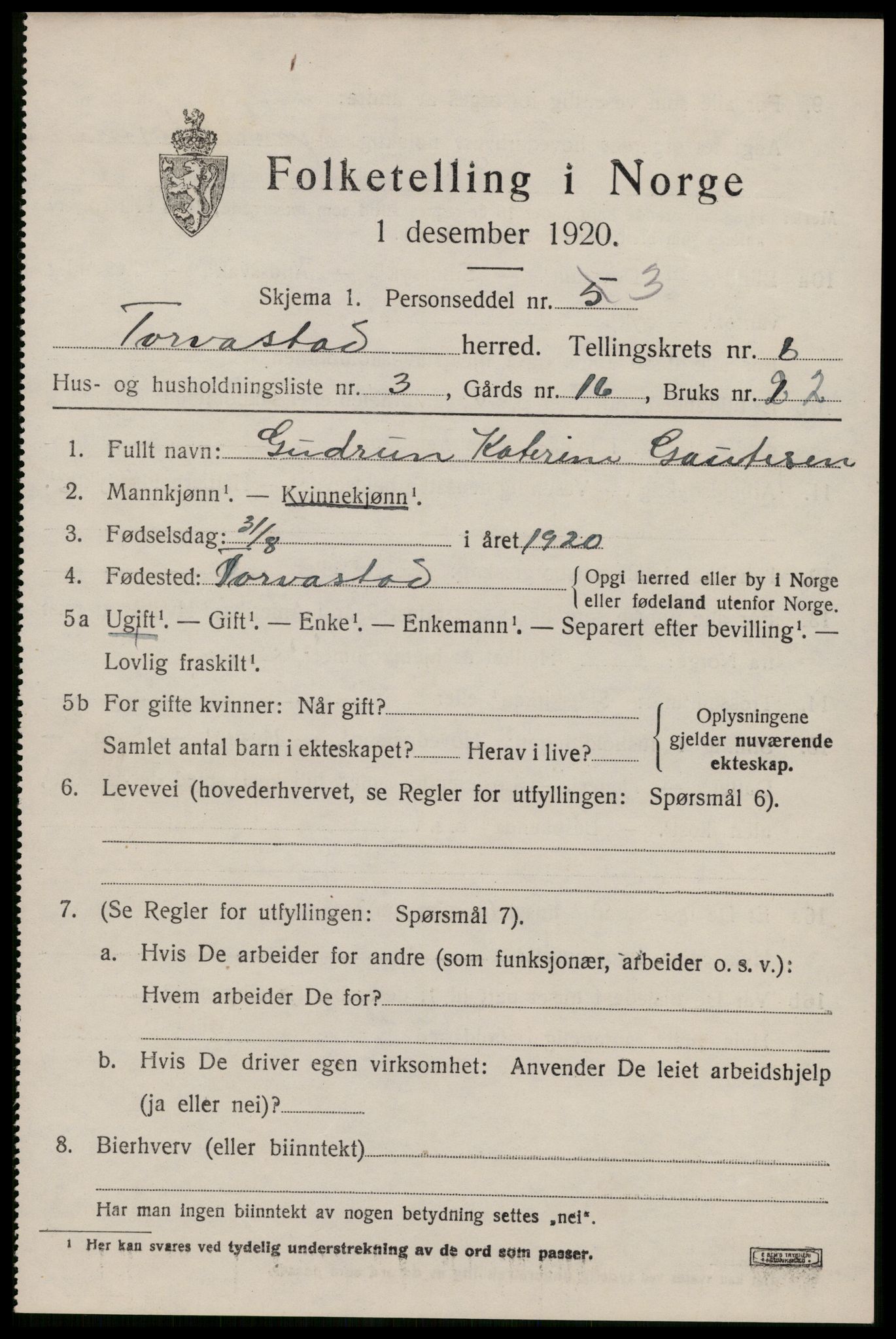 SAST, 1920 census for Torvastad, 1920, p. 4942