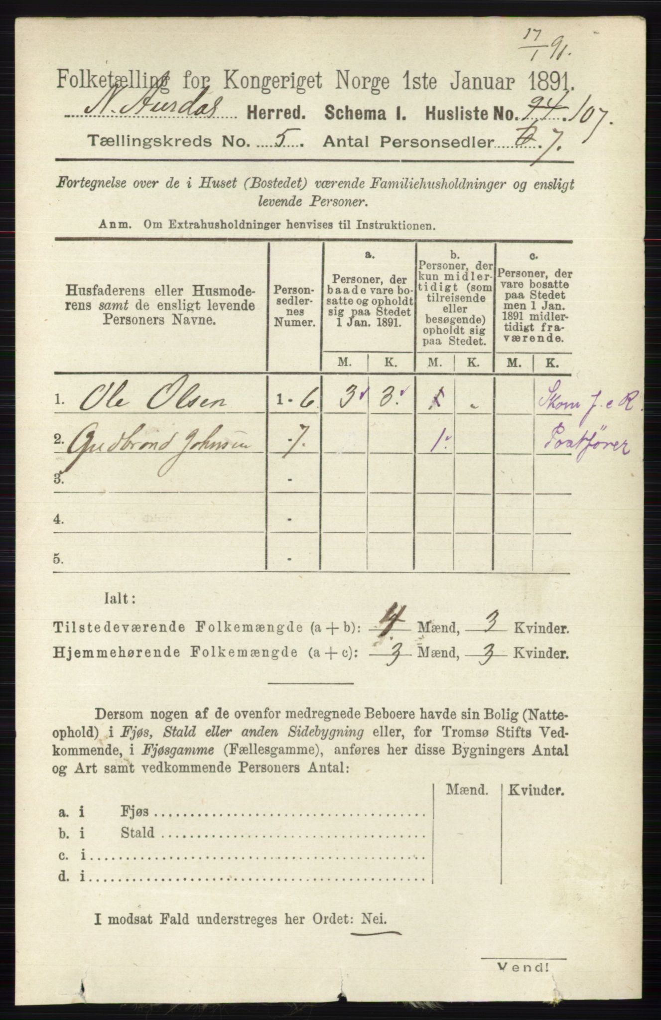 RA, 1891 census for 0542 Nord-Aurdal, 1891, p. 1348