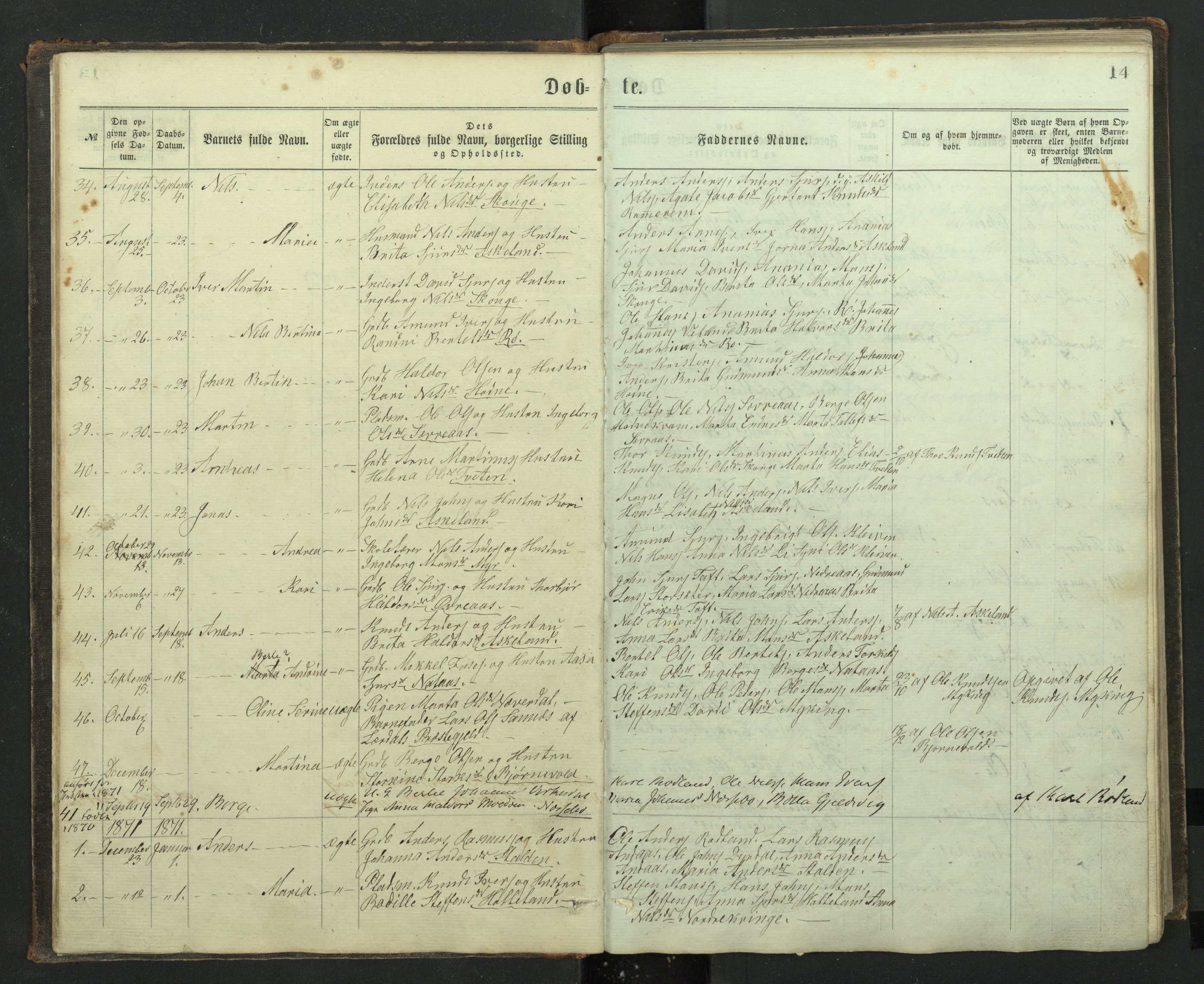 Lindås Sokneprestembete, SAB/A-76701/H/Hab: Parish register (copy) no. E 2, 1867-1892, p. 13b-14a