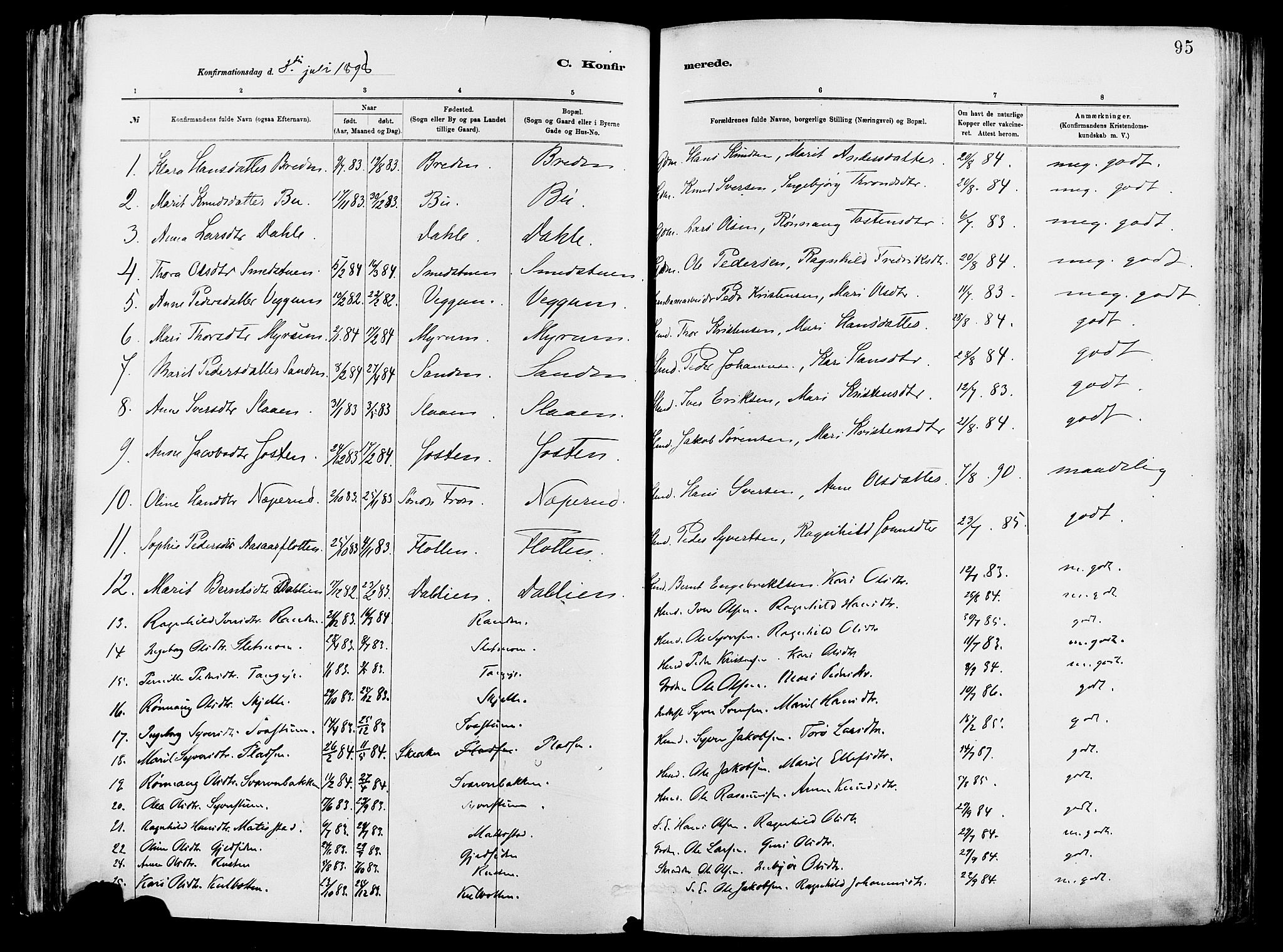 Vågå prestekontor, SAH/PREST-076/H/Ha/Haa/L0008: Parish register (official) no. 8, 1886-1904, p. 95