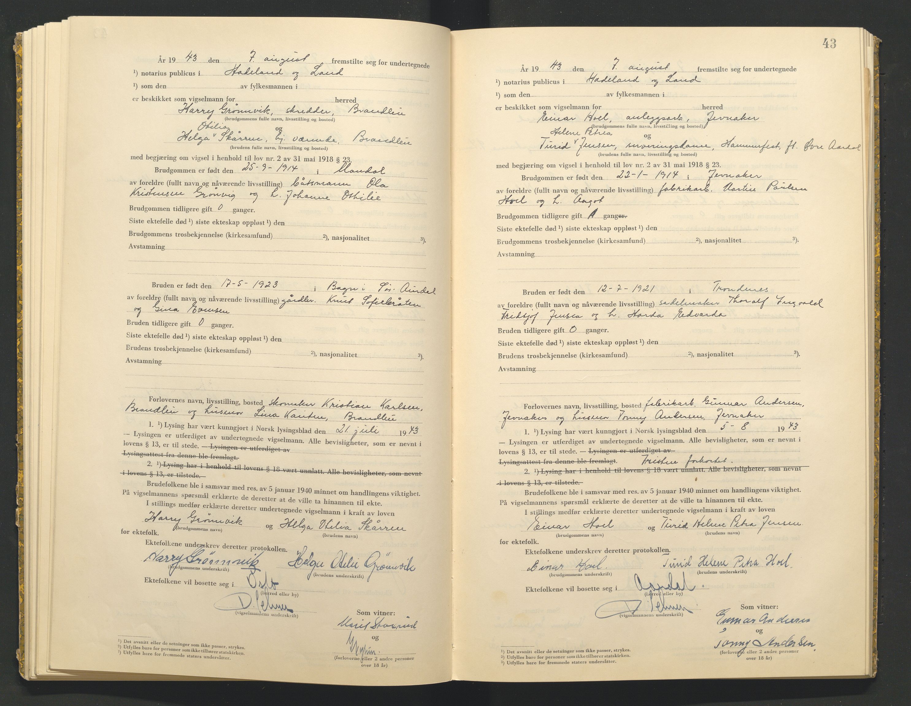 Hadeland og Land tingrett, AV/SAH-TING-010/L/Lb/L0002: Vigselbok, 1943-1944, p. 43