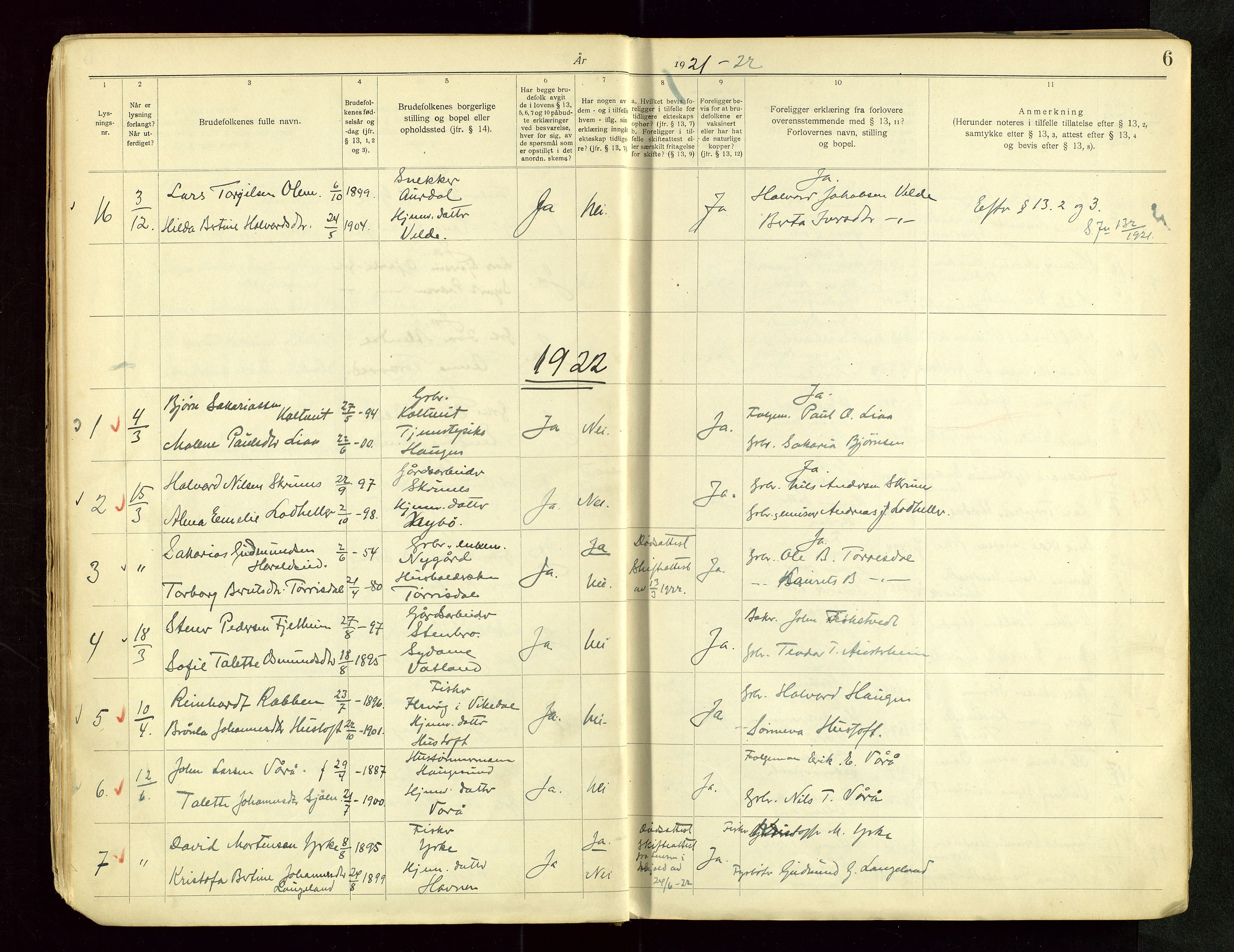 Skjold sokneprestkontor, AV/SAST-A-101847/I/Ie/L0001: Banns register no. 1, 1919-1966, p. 6