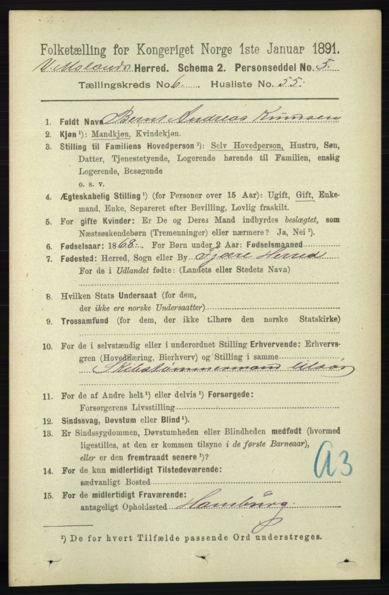 RA, 1891 census for 0926 Vestre Moland, 1891, p. 2650