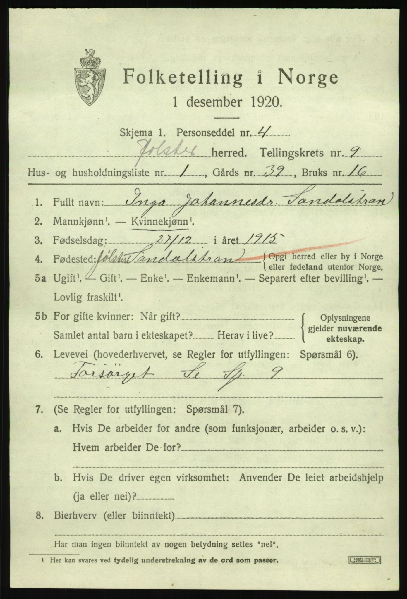 SAB, 1920 census for Jølster, 1920, p. 4316