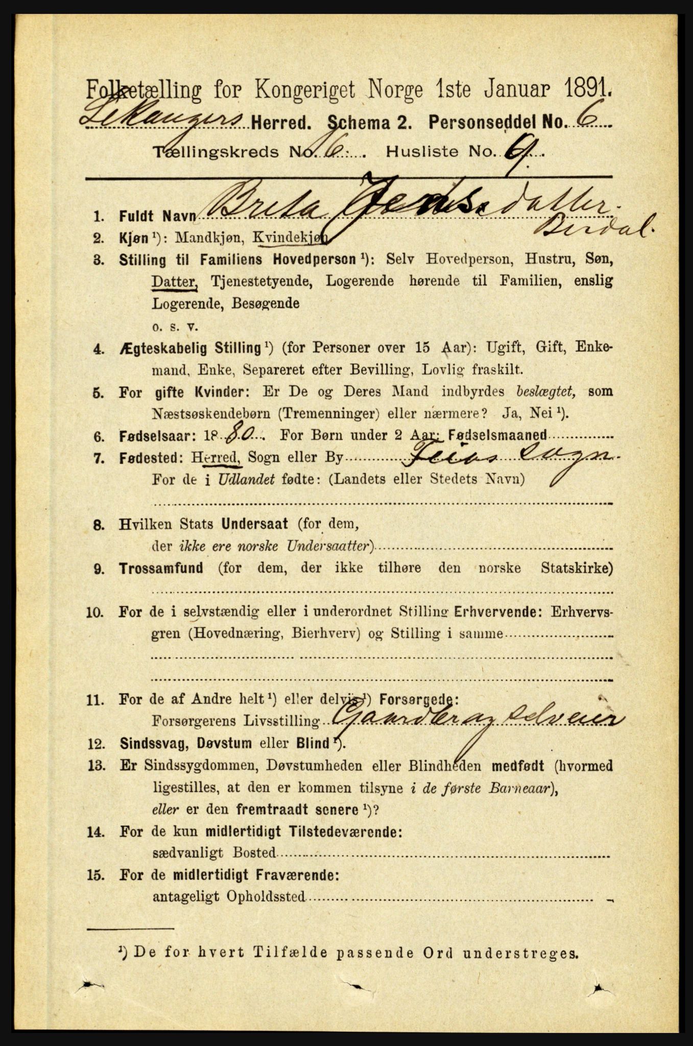 RA, 1891 census for 1419 Leikanger, 1891, p. 3045