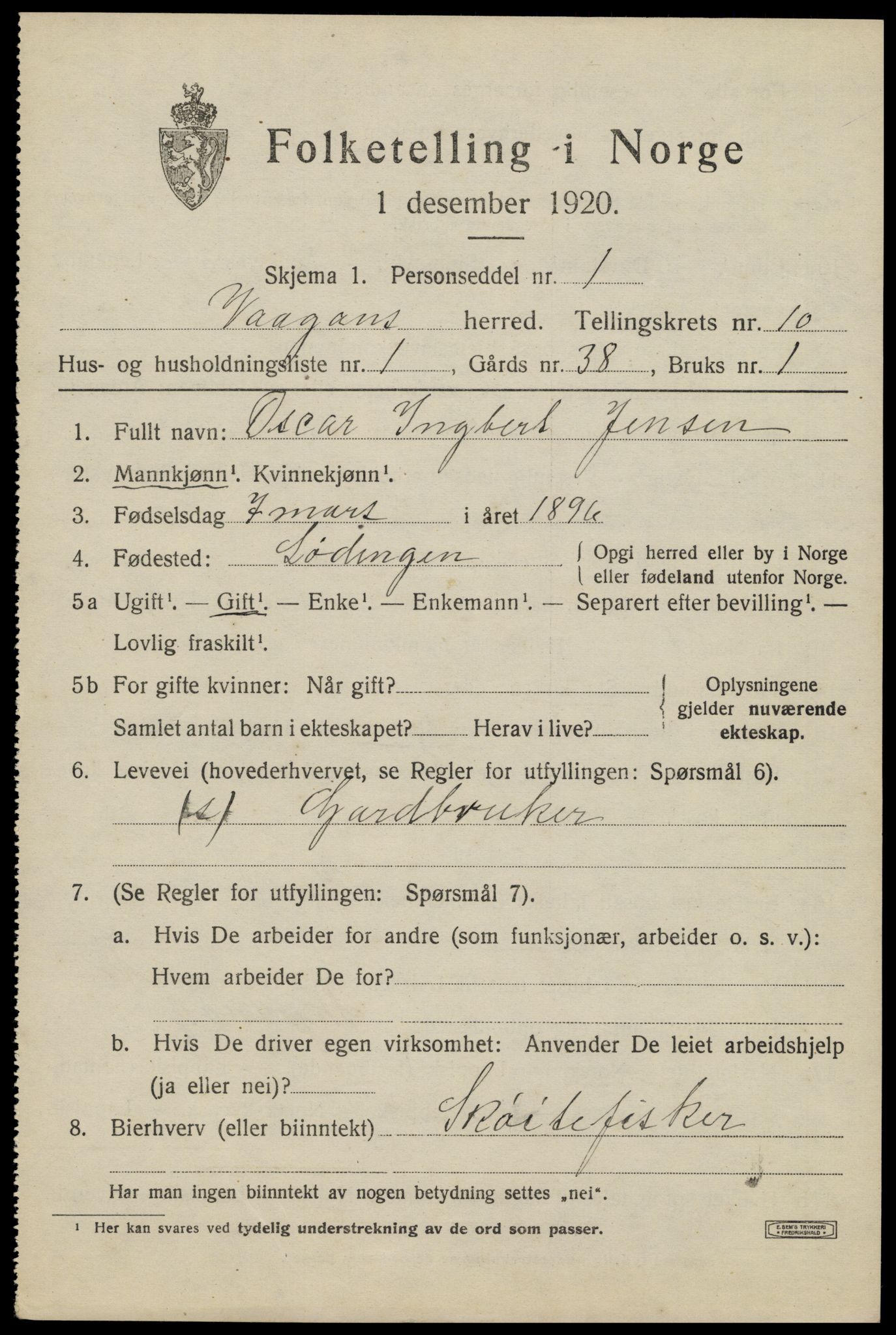 SAT, 1920 census for Vågan, 1920, p. 8847