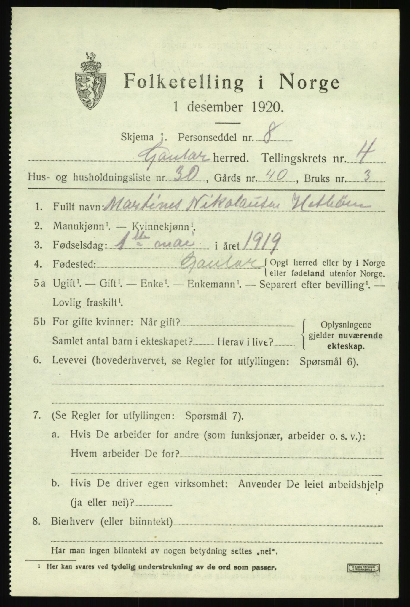 SAB, 1920 census for Gaular, 1920, p. 2516