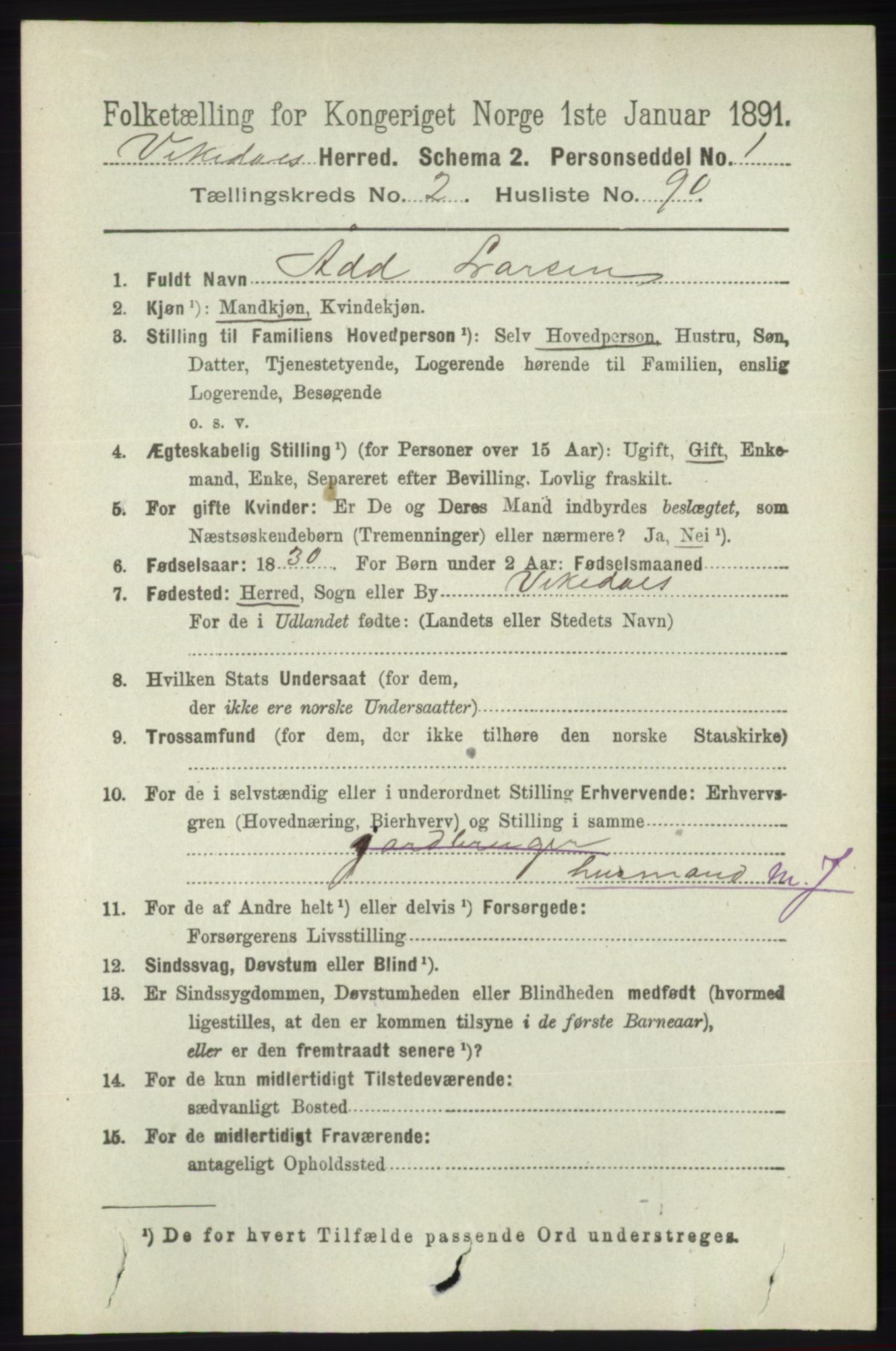 RA, 1891 census for 1157 Vikedal, 1891, p. 671