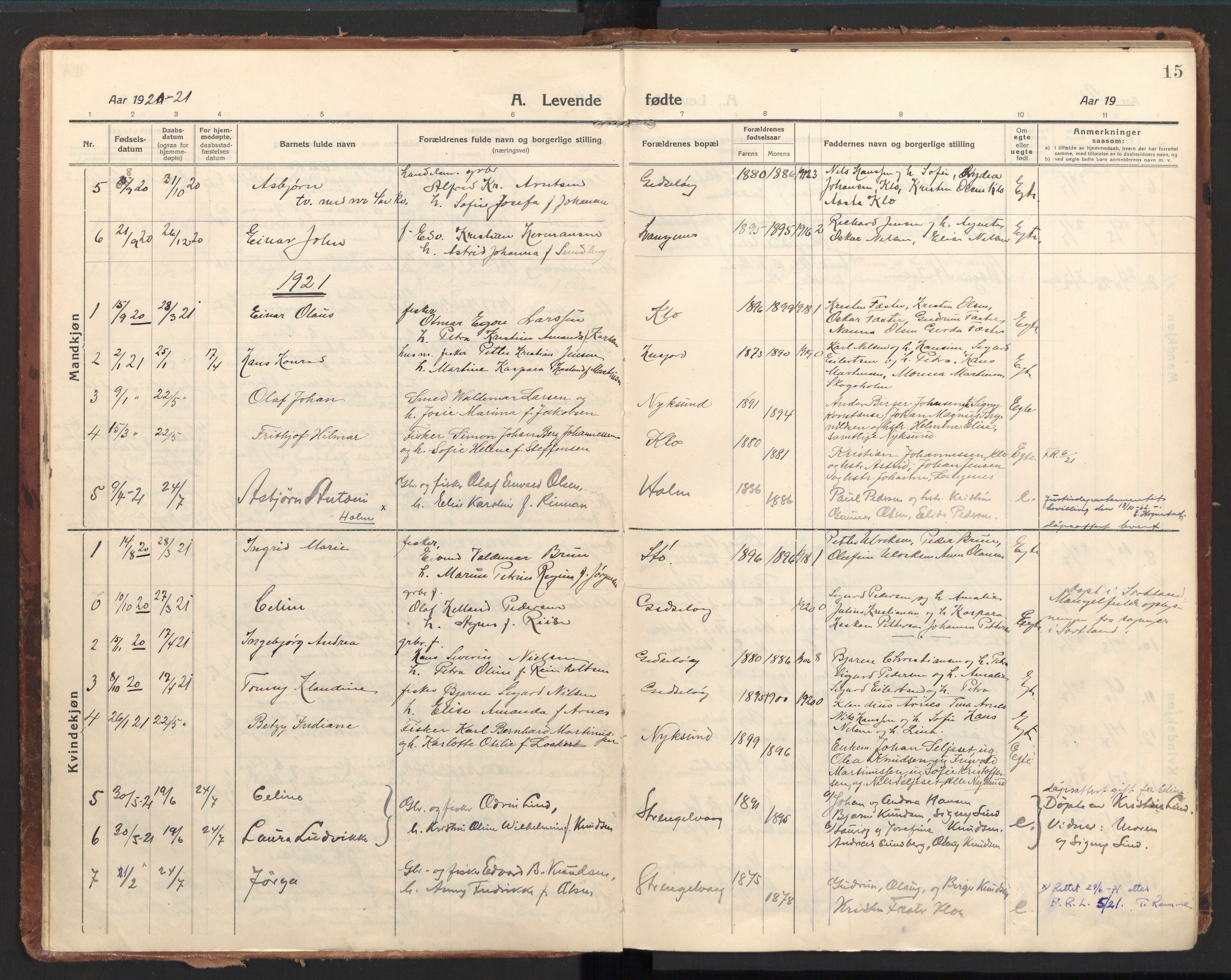 Ministerialprotokoller, klokkerbøker og fødselsregistre - Nordland, AV/SAT-A-1459/894/L1357: Parish register (official) no. 894A03, 1913-1934, p. 15