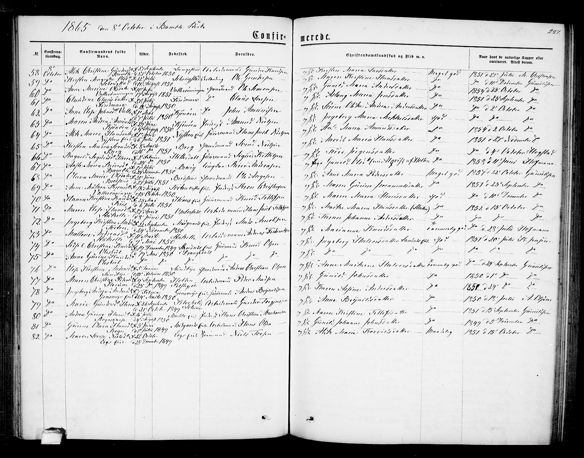 Bamble kirkebøker, SAKO/A-253/G/Ga/L0006: Parish register (copy) no. I 6, 1860-1876, p. 227