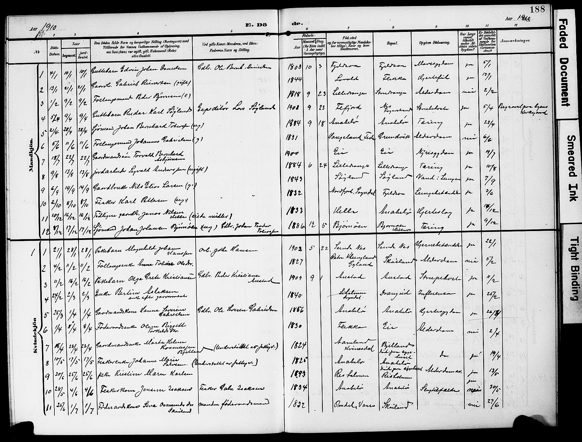 Flekkefjord sokneprestkontor, AV/SAK-1111-0012/F/Fb/Fbc/L0008: Parish register (copy) no. B 8, 1903-1931, p. 188