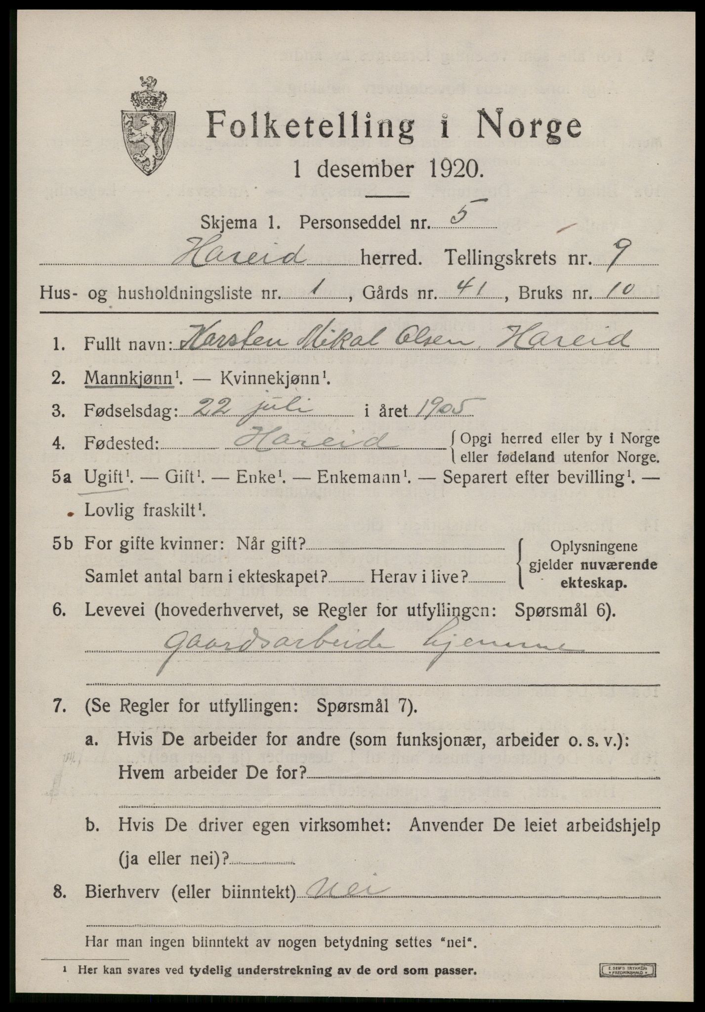 SAT, 1920 census for Hareid, 1920, p. 3167