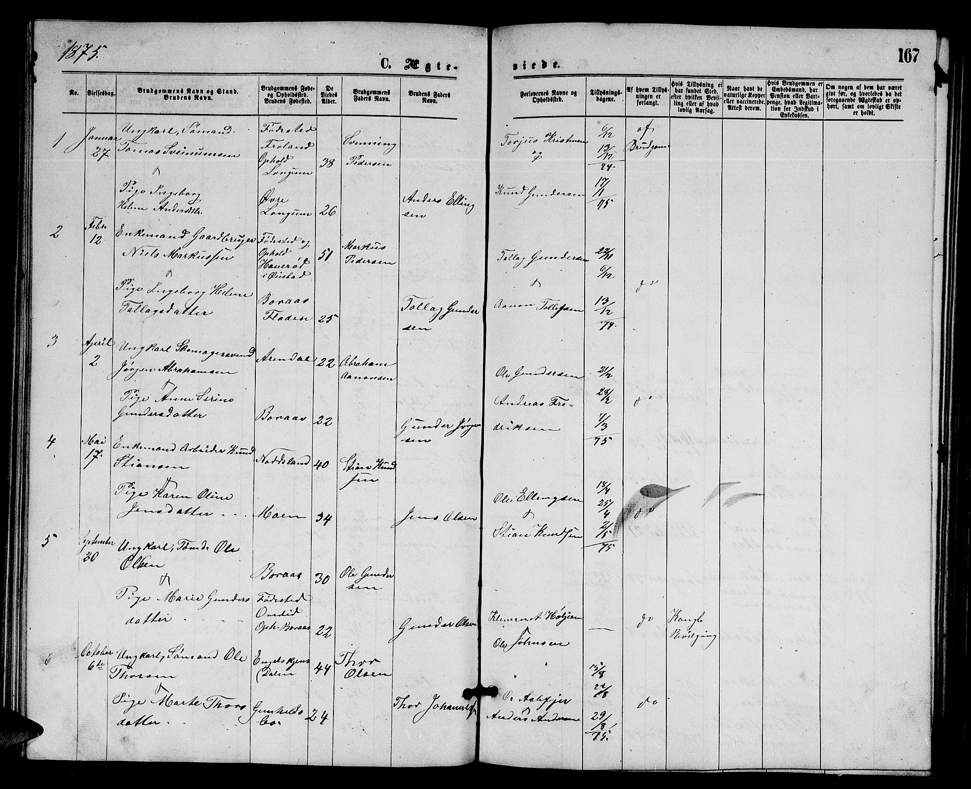 Austre Moland sokneprestkontor, SAK/1111-0001/F/Fb/Fba/L0002: Parish register (copy) no. B 2, 1869-1879, p. 167