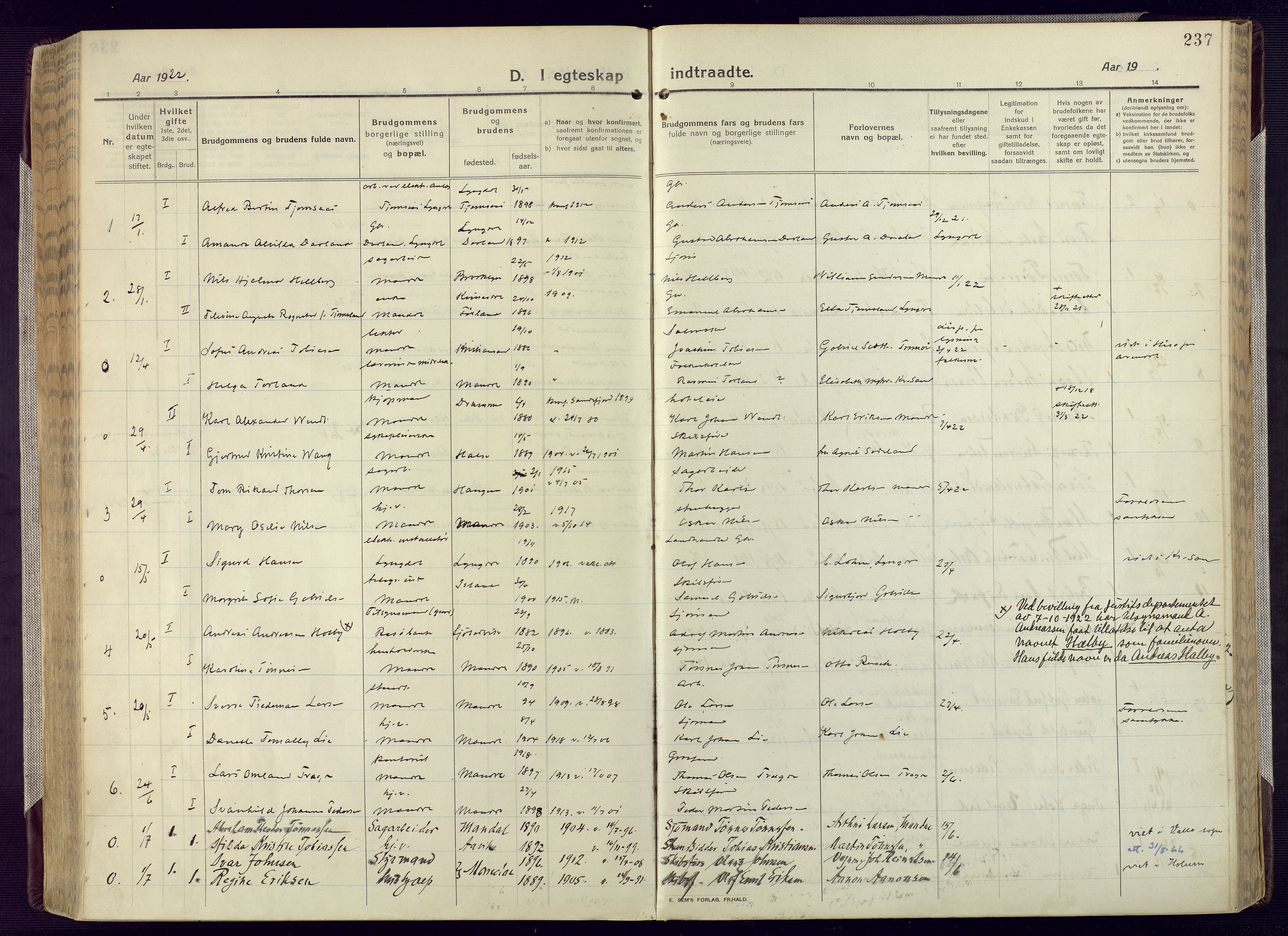 Mandal sokneprestkontor, SAK/1111-0030/F/Fa/Fac/L0001: Parish register (official) no. A 1, 1913-1925, p. 237