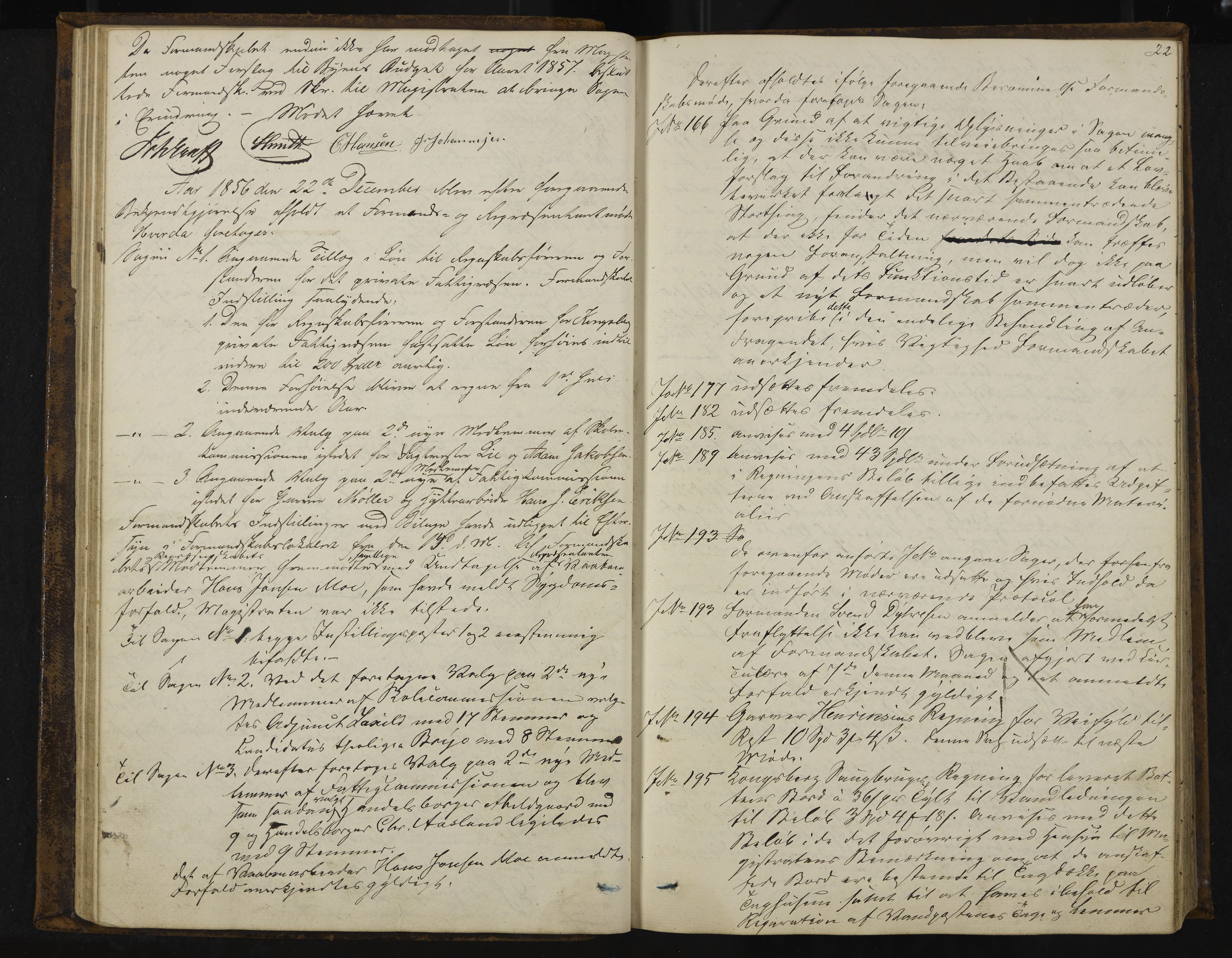 Kongsberg formannskap og sentraladministrasjon, IKAK/0604021-1/A/L0003: Møtebok med register, 1856-1861, p. 22