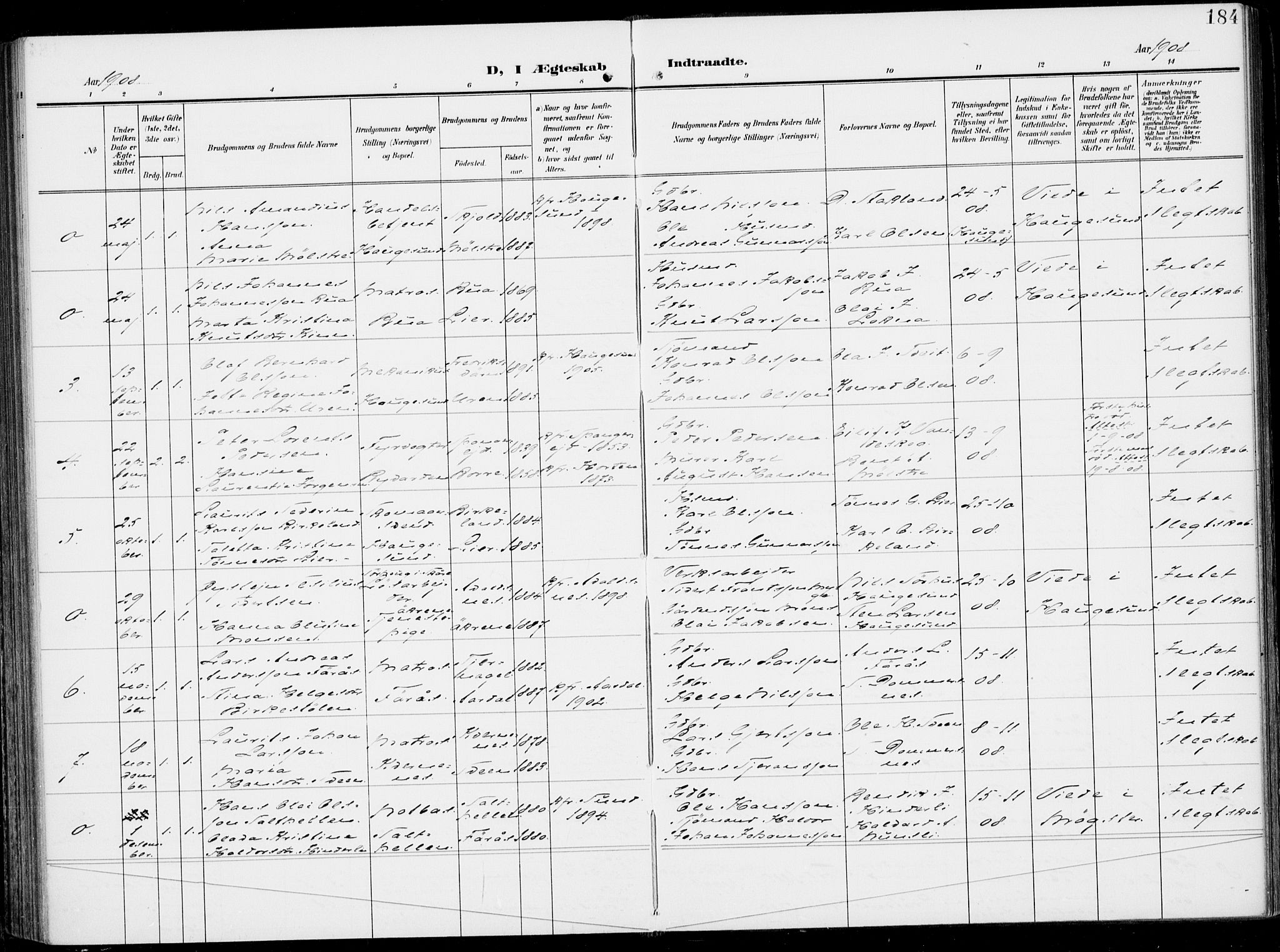 Sveio Sokneprestembete, SAB/A-78501/H/Haa: Parish register (official) no. B  4, 1906-1919, p. 184