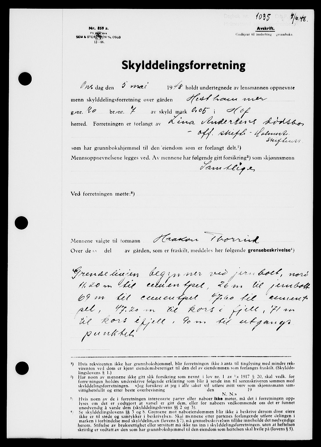 Holmestrand sorenskriveri, AV/SAKO-A-67/G/Ga/Gaa/L0064: Mortgage book no. A-64, 1948-1948, Diary no: : 1035/1948