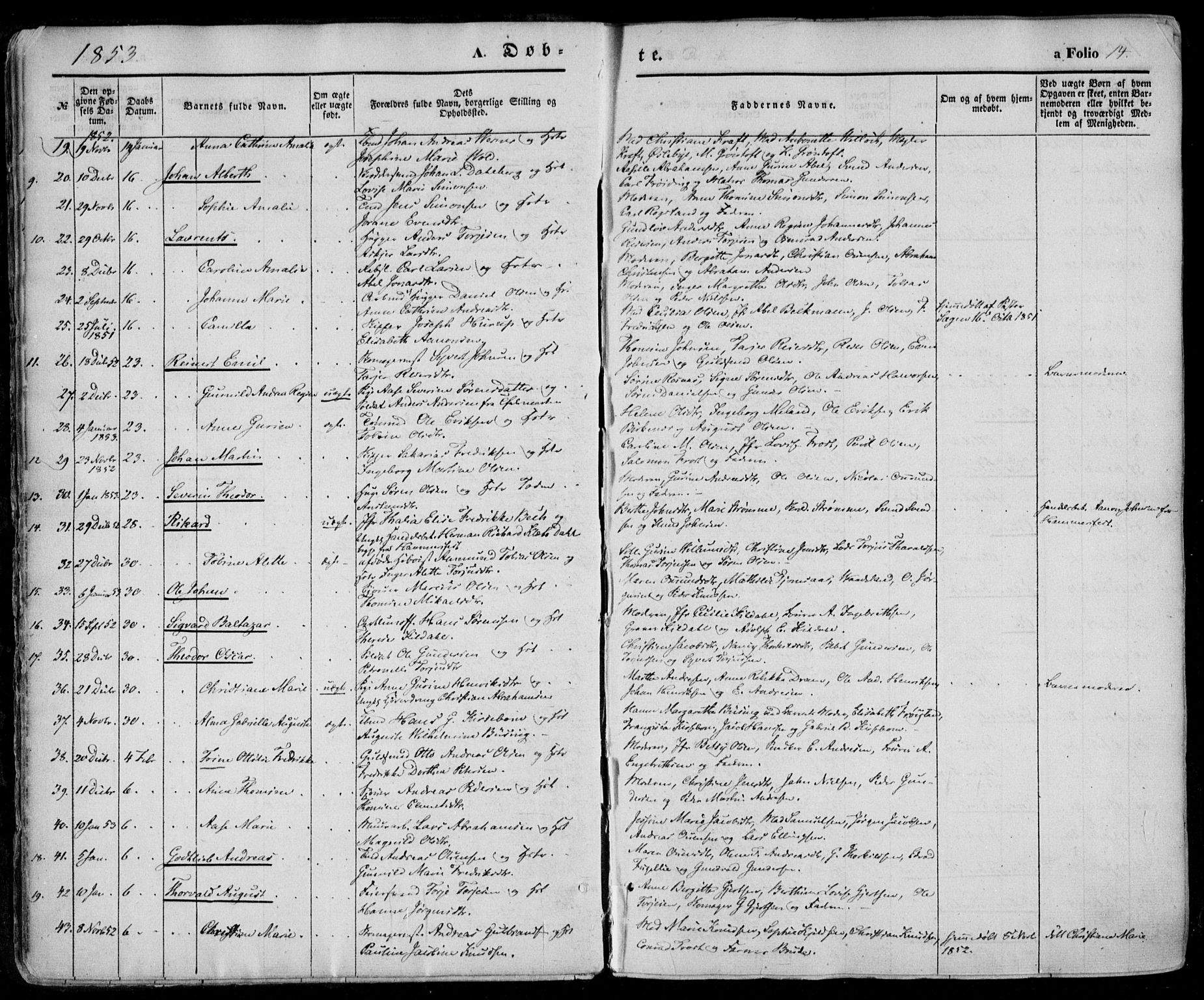 Kristiansand domprosti, SAK/1112-0006/F/Fa/L0014: Parish register (official) no. A 14, 1852-1867, p. 14