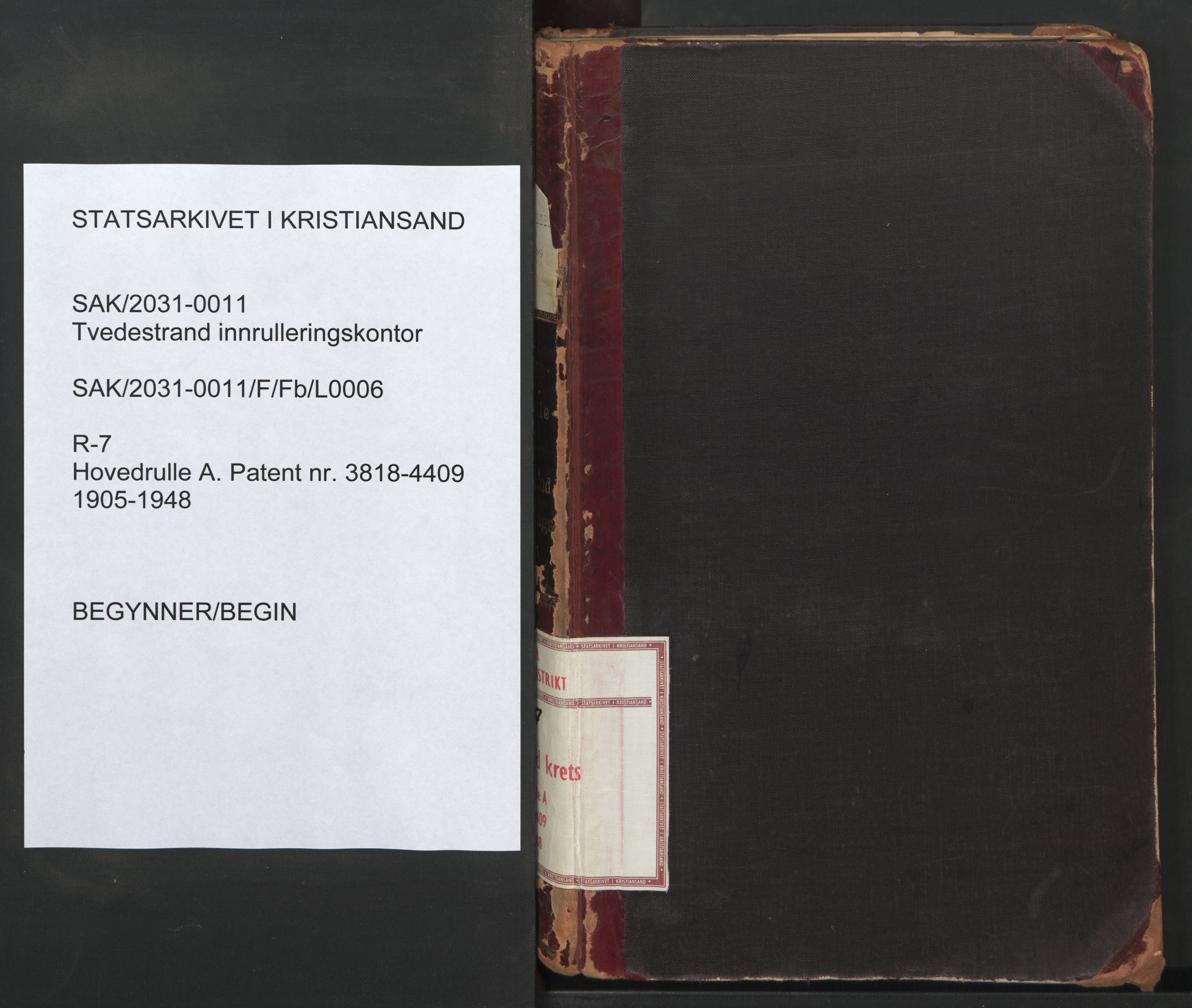 Tvedestrand mønstringskrets, SAK/2031-0011/F/Fb/L0006: Hovedrulle A nr 3818-4409, R-7, 1905-1948, p. 1
