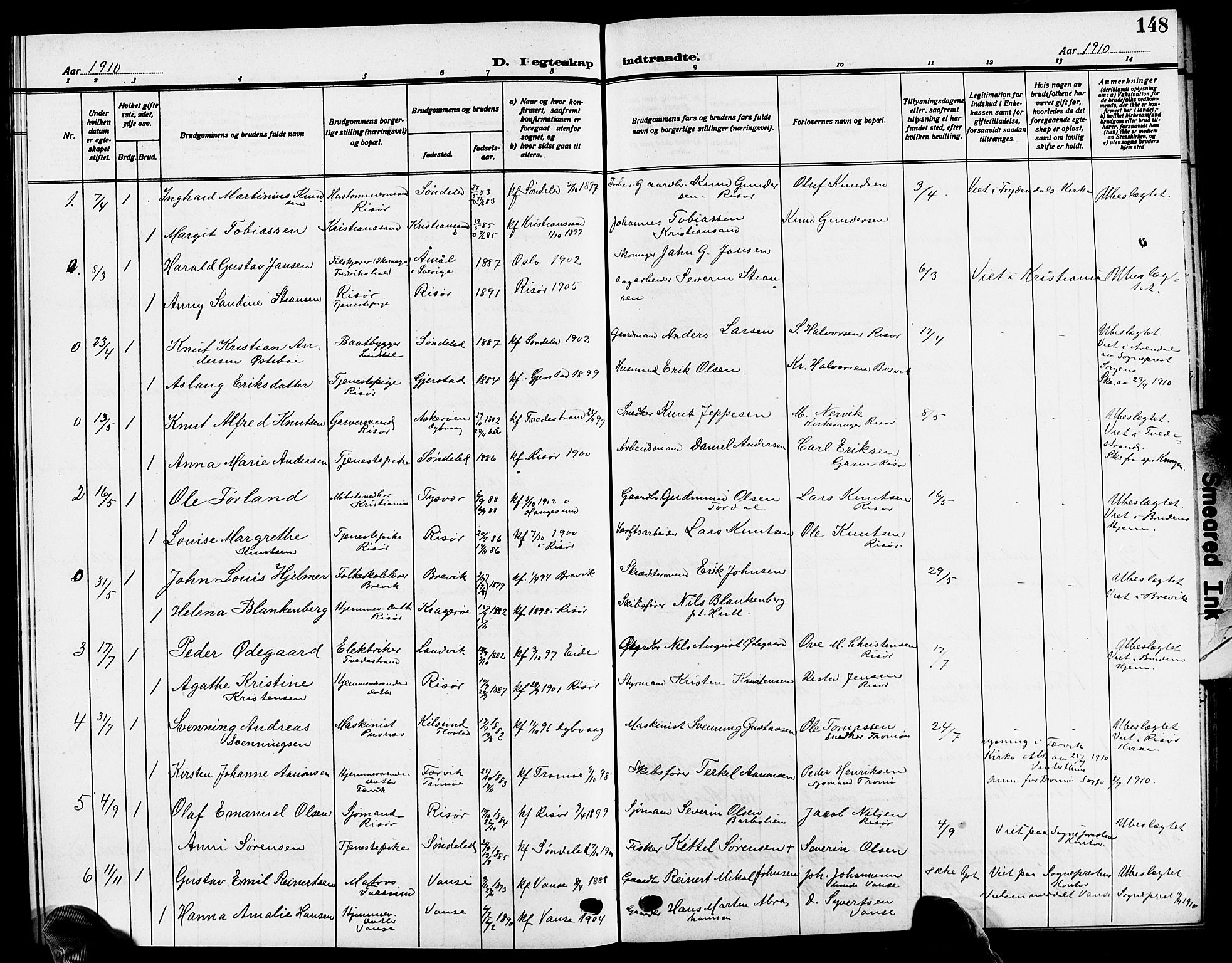 Risør sokneprestkontor, SAK/1111-0035/F/Fb/L0008: Parish register (copy) no. B 8, 1909-1921, p. 148