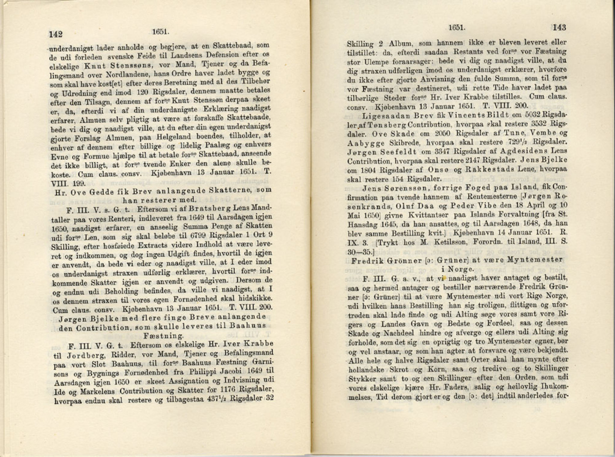 Publikasjoner utgitt av Det Norske Historiske Kildeskriftfond, PUBL/-/-/-: Norske Rigs-Registranter, bind 10, 1650-1653, p. 142-143