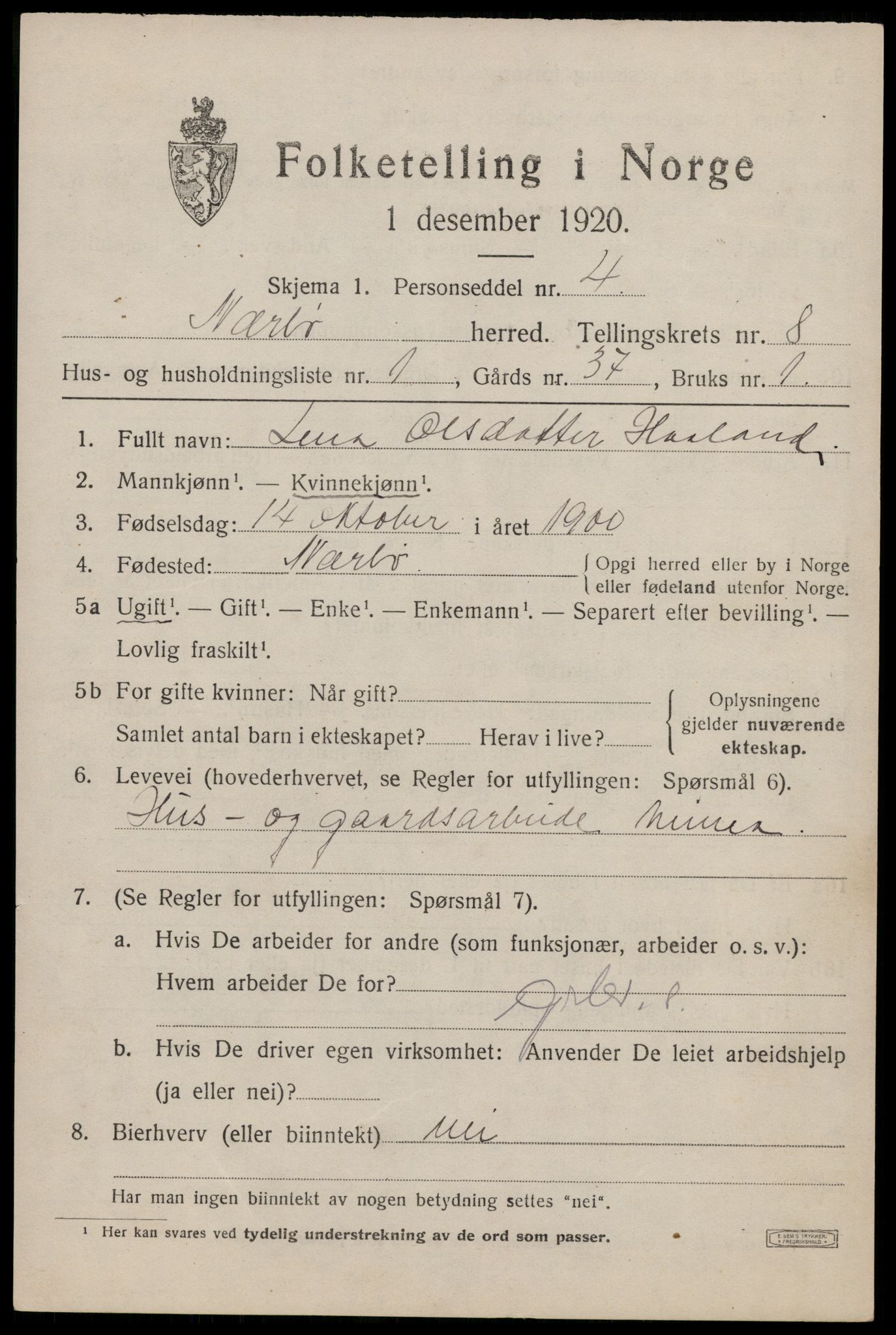 SAST, 1920 census for Nærbø, 1920, p. 5101