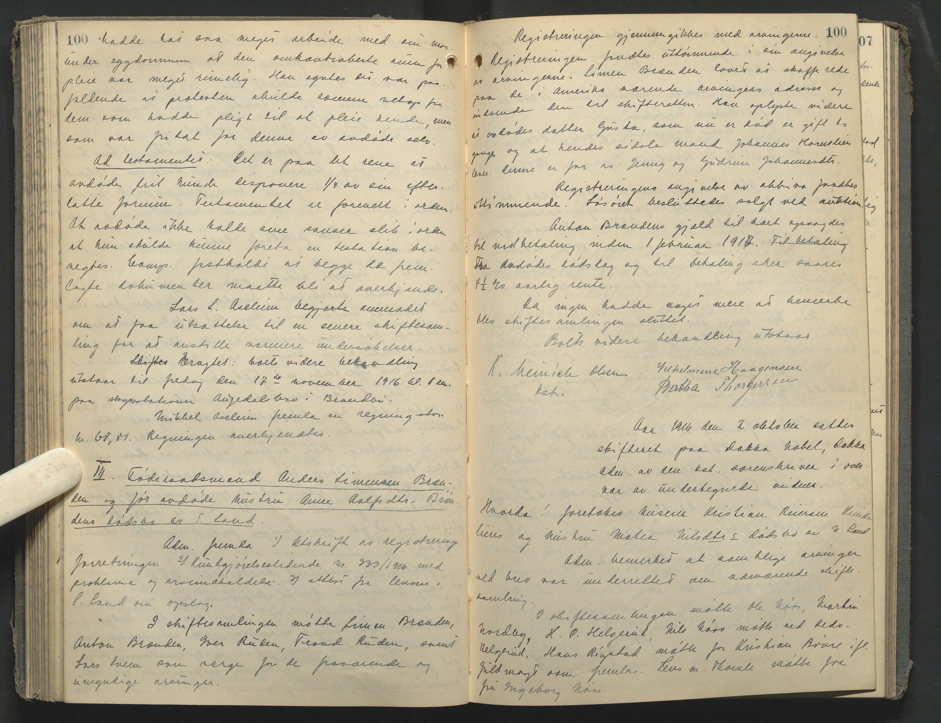 Hadeland og Land tingrett, AV/SAH-TING-010/J/Jc/L0010: Skifteforhandlingsprotokoll, 1914-1920, p. 100
