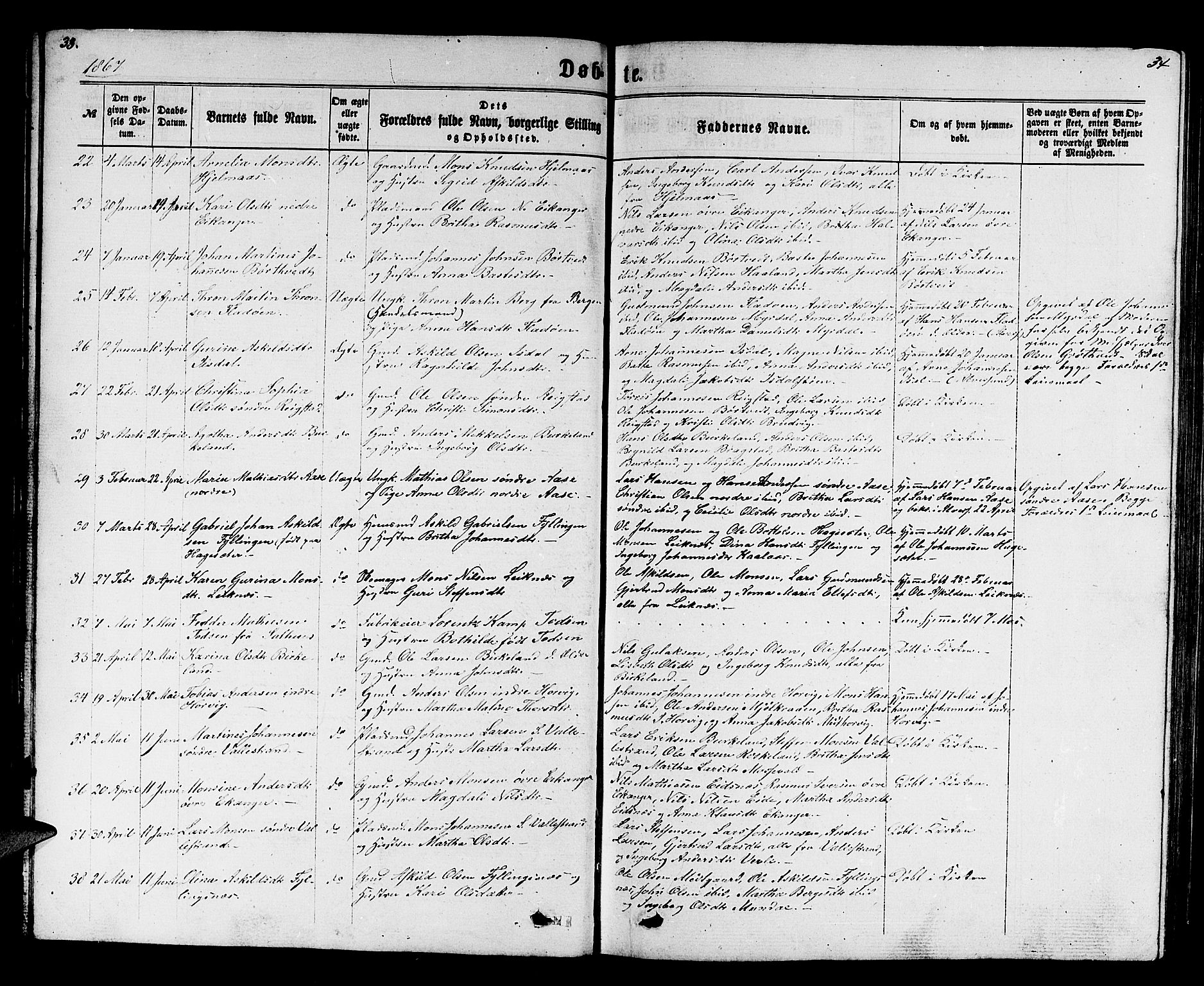 Hamre sokneprestembete, SAB/A-75501/H/Ha/Hab: Parish register (copy) no. B 2, 1863-1880, p. 33-34