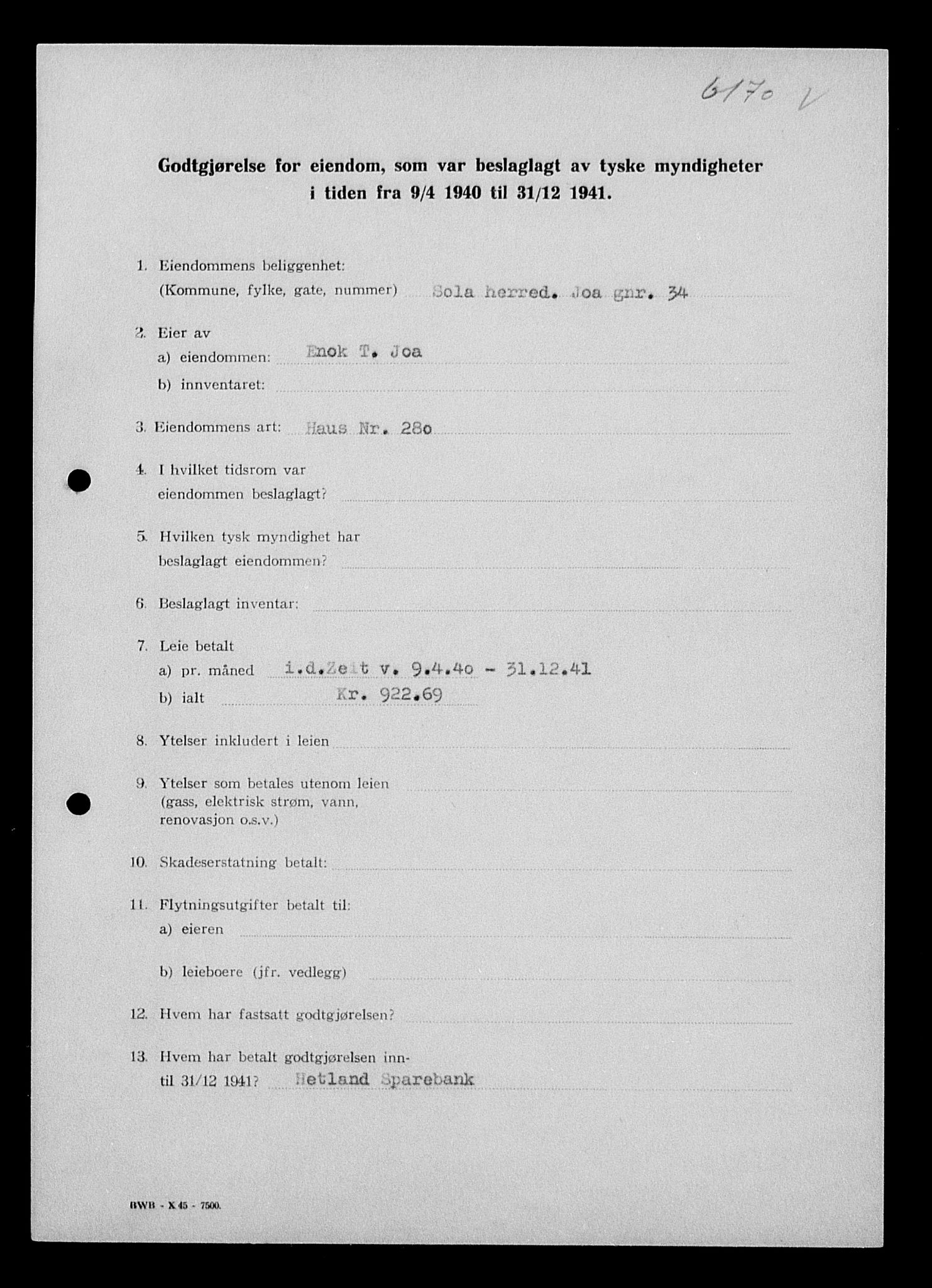Justisdepartementet, Tilbakeføringskontoret for inndratte formuer, AV/RA-S-1564/I/L1014: Godtgjørelse for beslaglagt eiendom, 1940-1941, p. 379