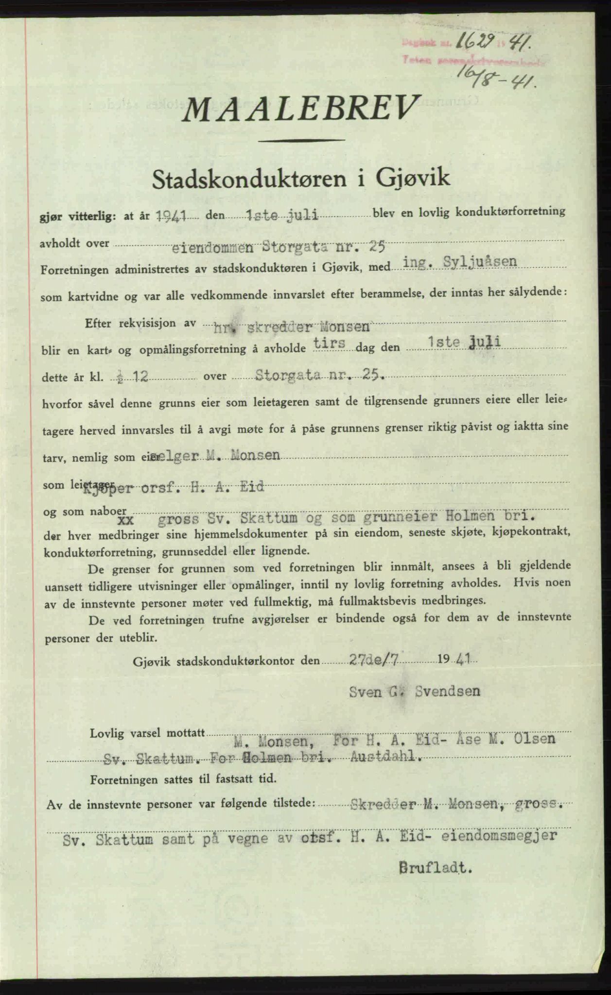 Toten tingrett, SAH/TING-006/H/Hb/Hbc/L0008: Mortgage book no. Hbc-08, 1941-1941, Diary no: : 1629/1941