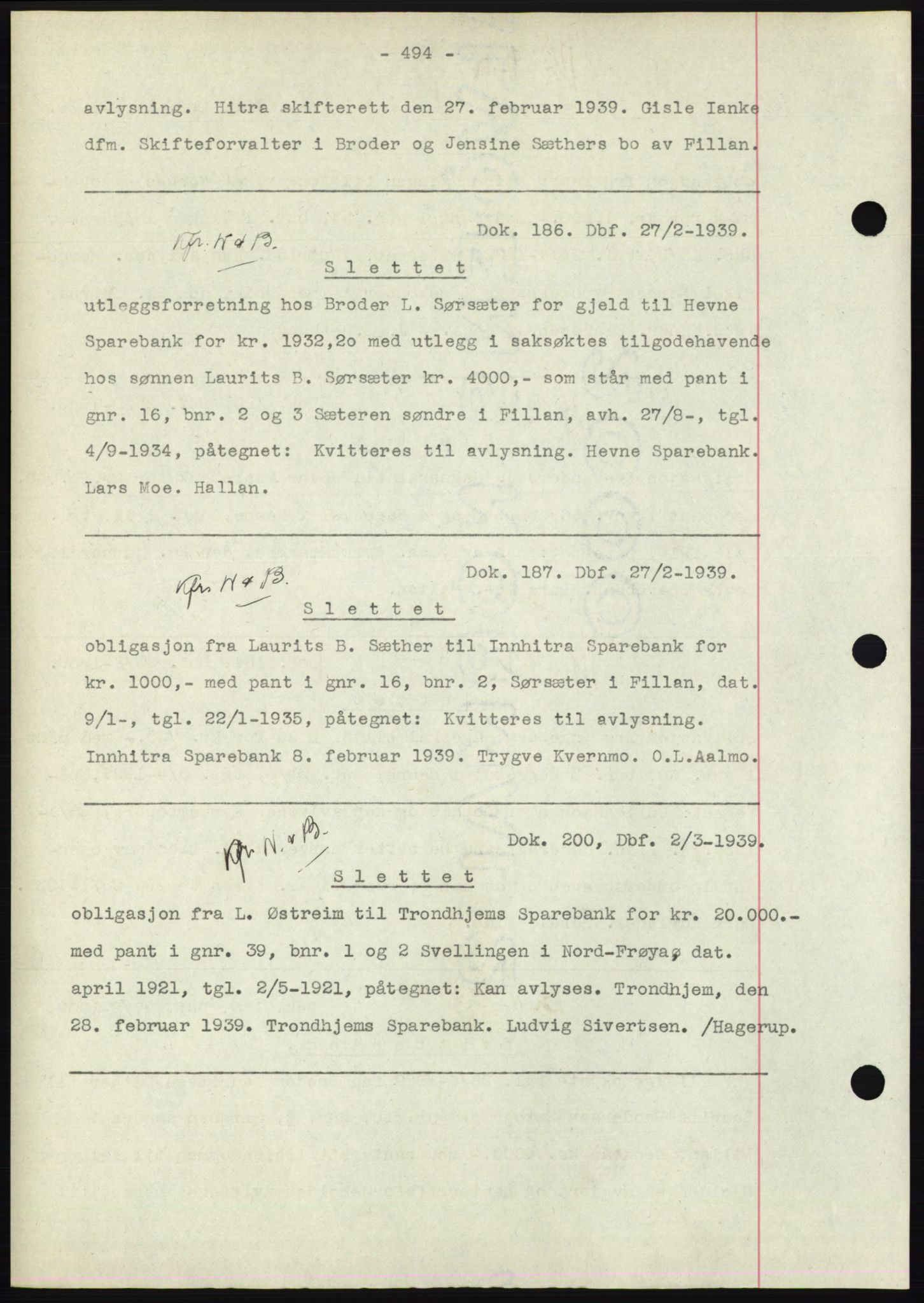 Hitra sorenskriveri, AV/SAT-A-0018/2/2C/2Ca: Mortgage book no. C1, 1936-1945, Diary no: : 186/1939