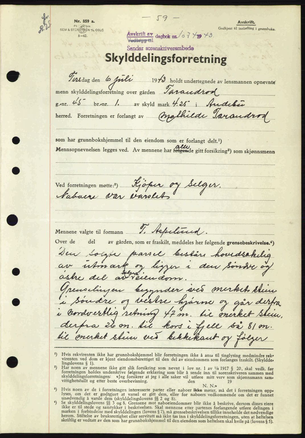 Jarlsberg sorenskriveri, SAKO/A-131/G/Ga/Gaa/L0013: Mortgage book no. A-13, 1942-1943, Diary no: : 1074/1943
