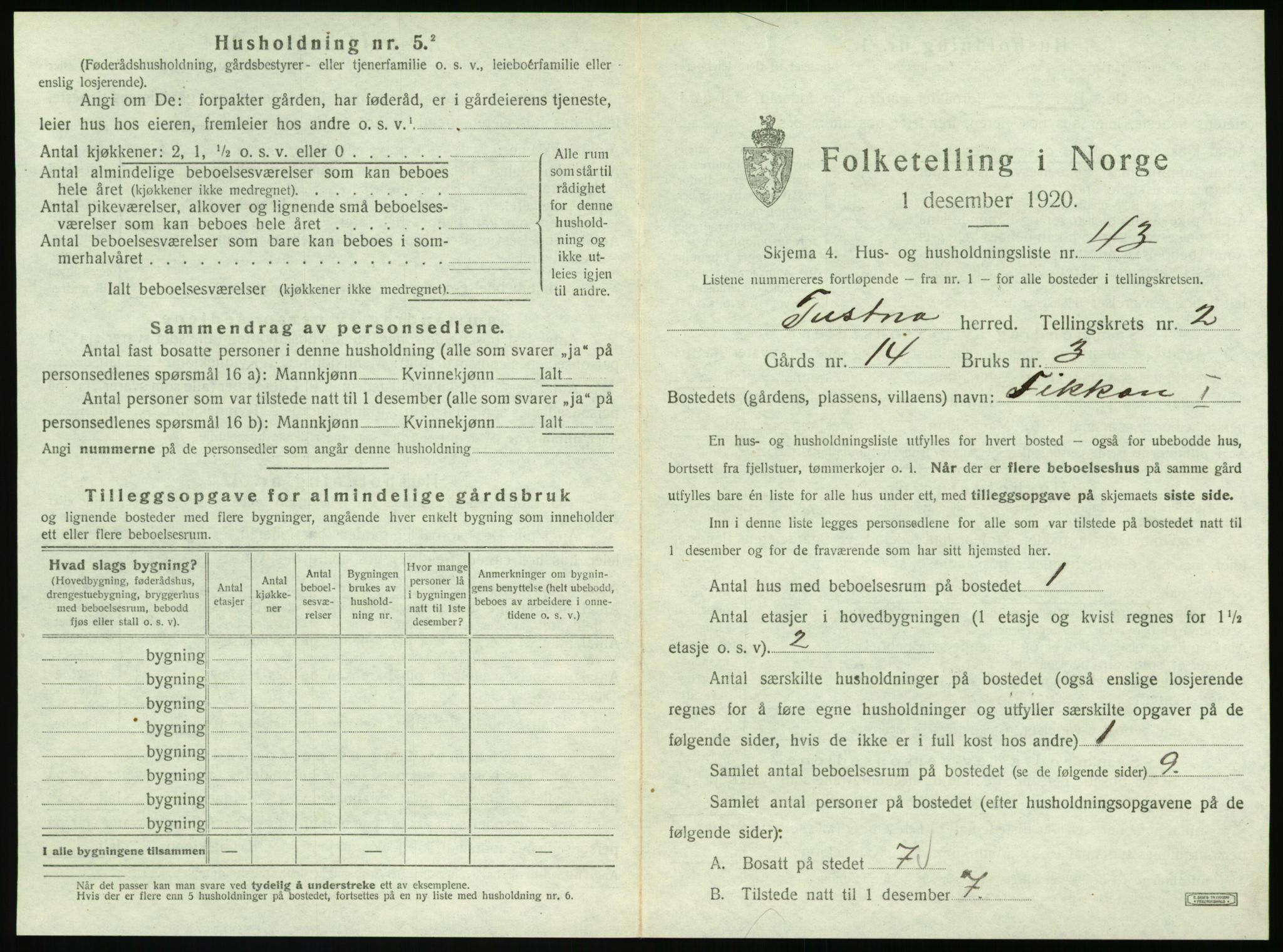 SAT, 1920 census for Tustna, 1920, p. 173