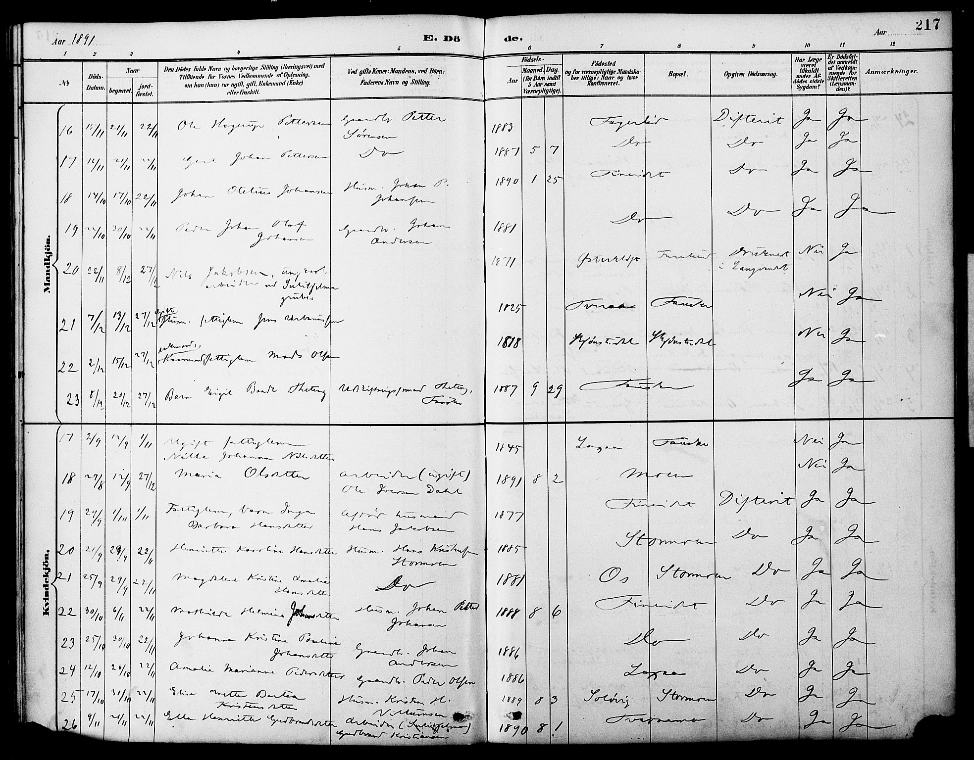 Ministerialprotokoller, klokkerbøker og fødselsregistre - Nordland, AV/SAT-A-1459/849/L0690: Parish register (official) no. 849A02, 1890-1897, p. 217