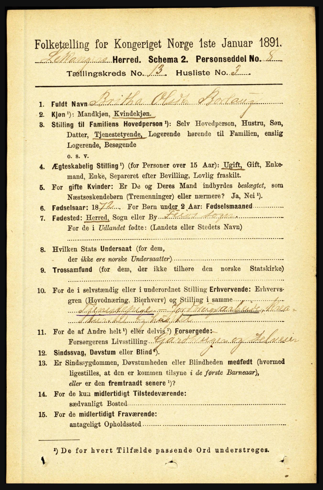 RA, 1891 census for 1419 Leikanger, 1891, p. 2476