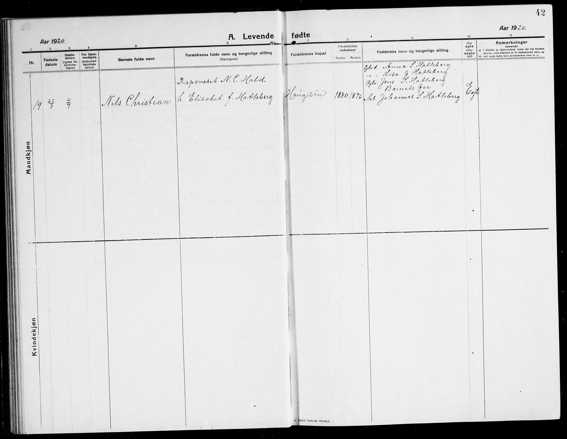 Kvinnherad sokneprestembete, AV/SAB-A-76401/H/Hab: Parish register (copy) no. A 3, 1911-1945, p. 42