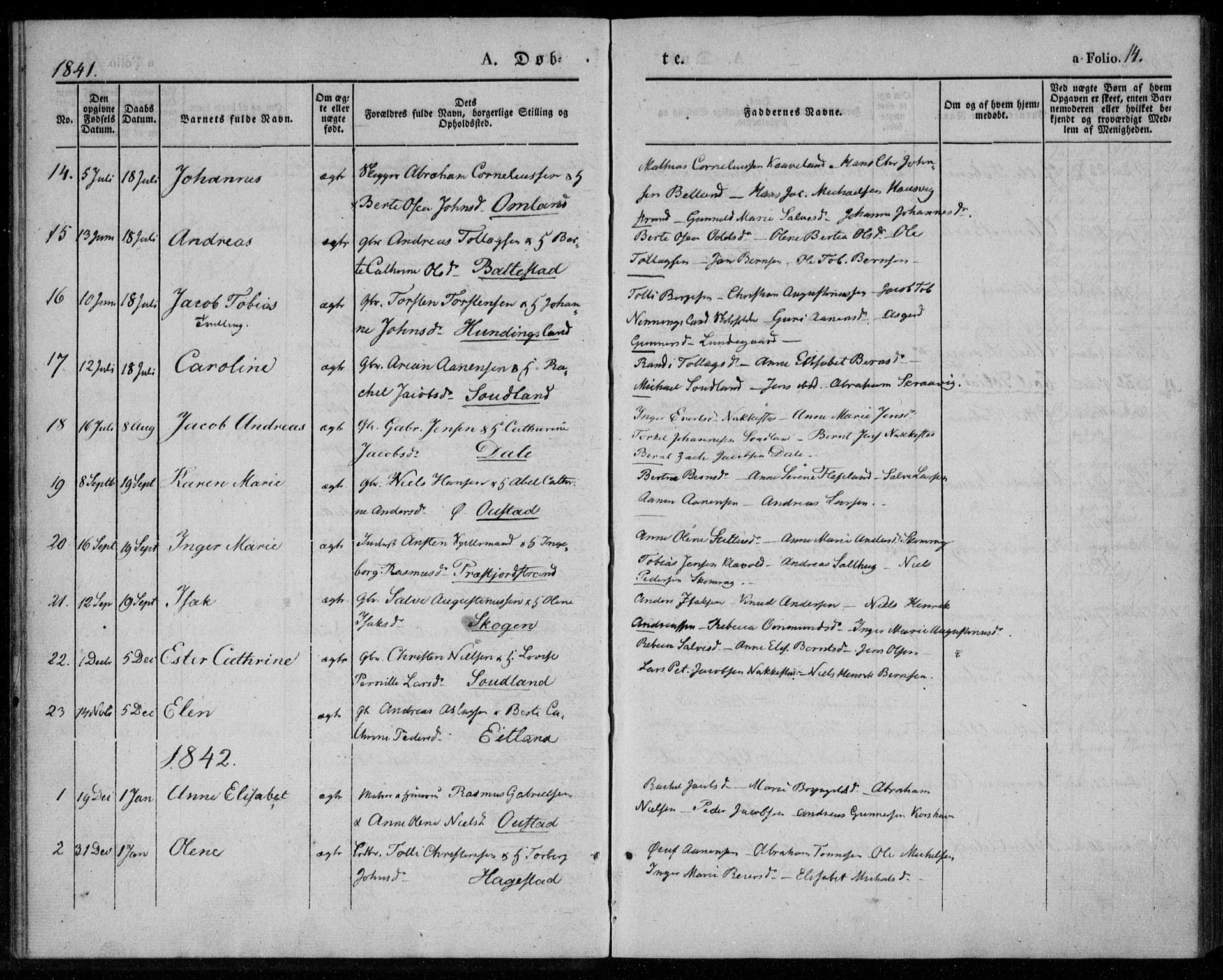 Lyngdal sokneprestkontor, AV/SAK-1111-0029/F/Fa/Faa/L0001: Parish register (official) no. A 1, 1837-1857, p. 14