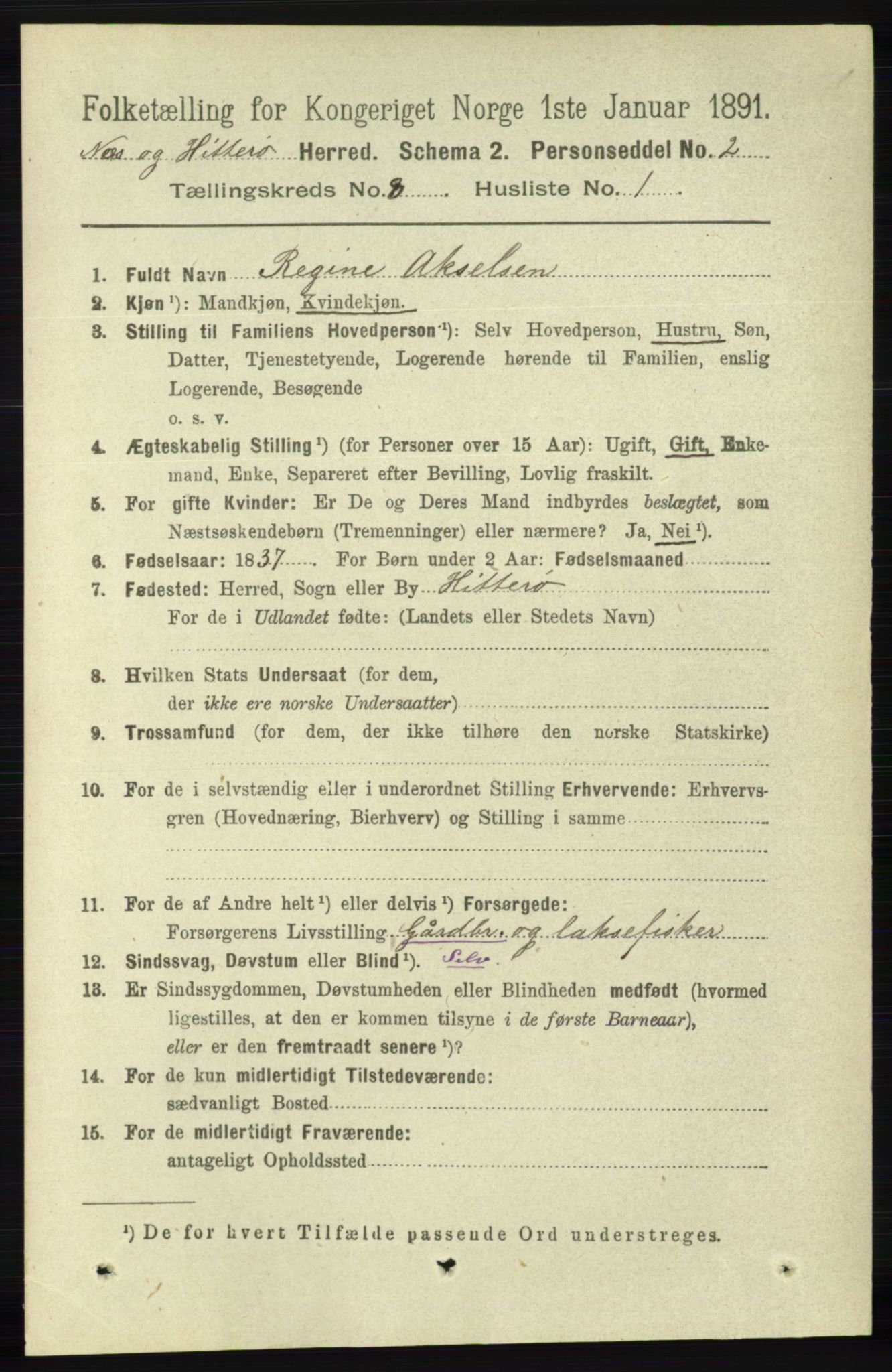 RA, 1891 census for 1043 Hidra og Nes, 1891, p. 3311