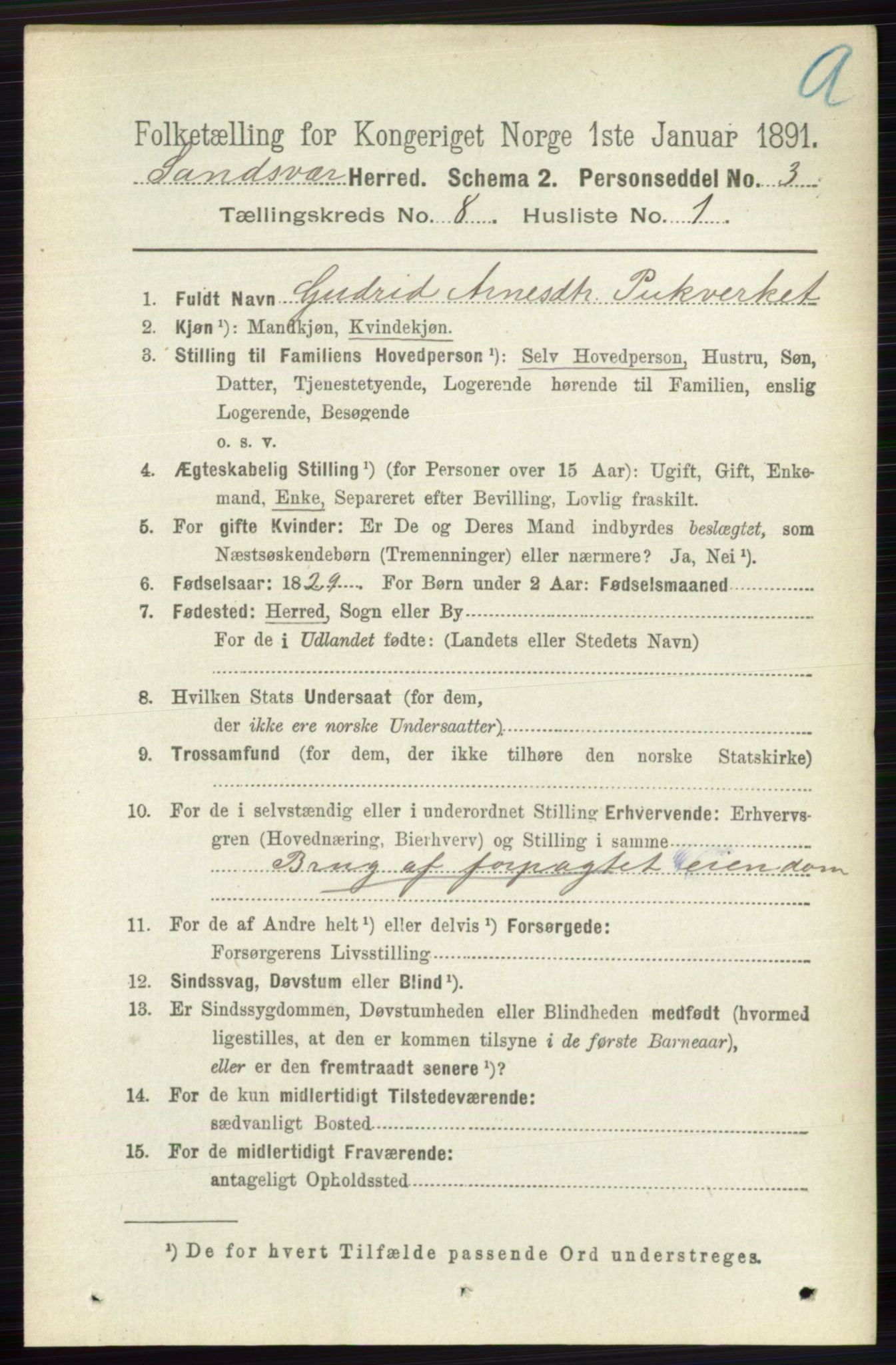 RA, 1891 census for 0629 Sandsvær, 1891, p. 4288