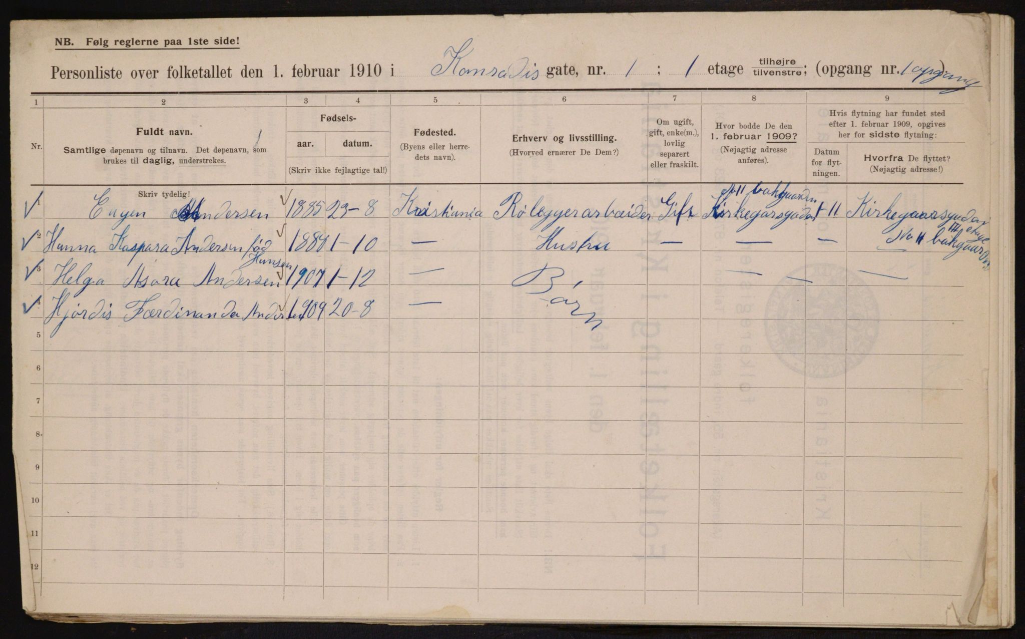 OBA, Municipal Census 1910 for Kristiania, 1910, p. 12715