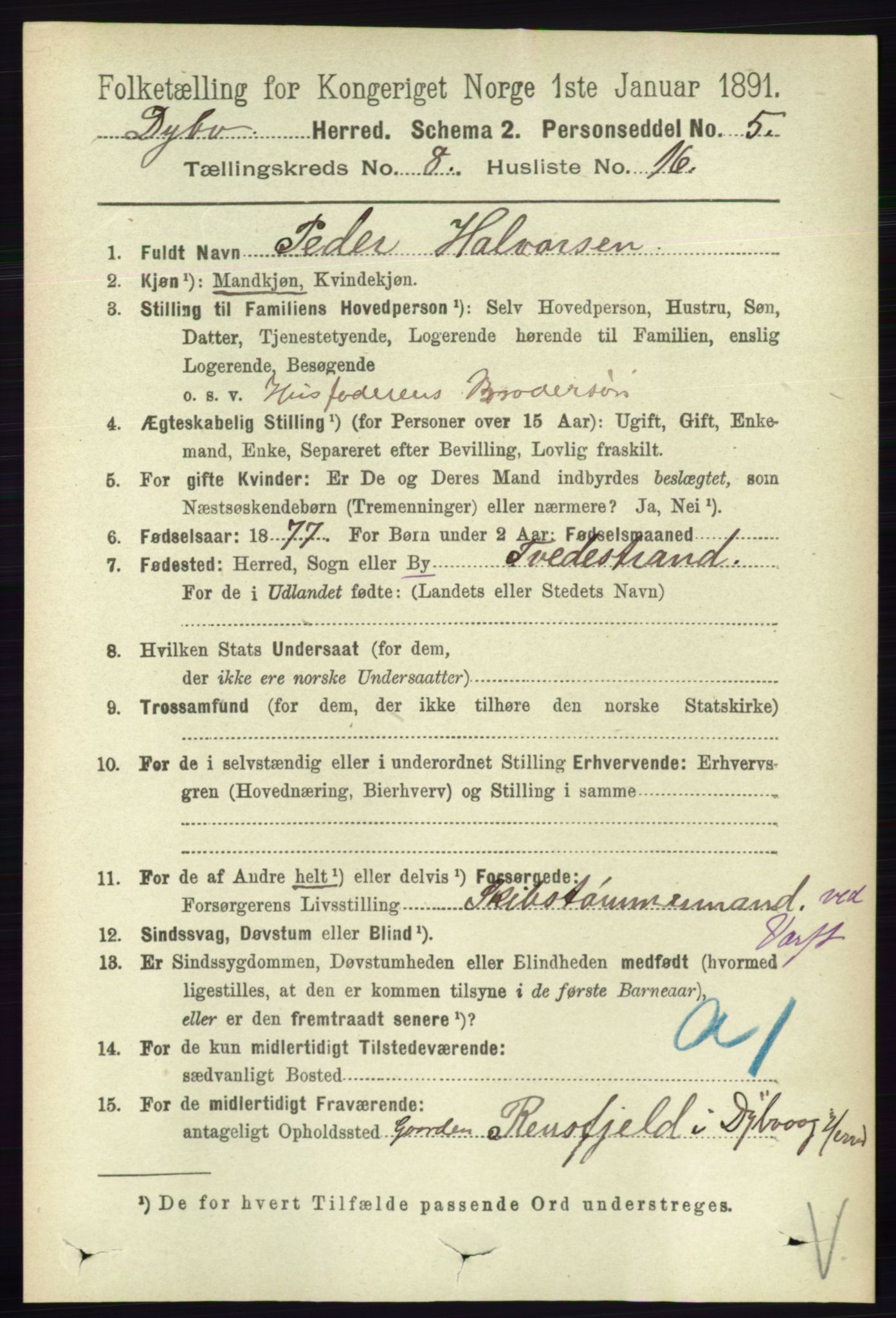 RA, 1891 census for 0915 Dypvåg, 1891, p. 2814