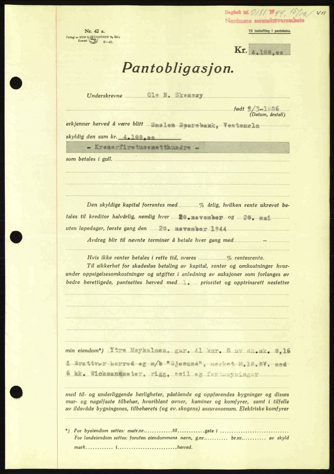 Nordmøre sorenskriveri, AV/SAT-A-4132/1/2/2Ca: Mortgage book no. B92, 1944-1945, Diary no: : 2181/1944