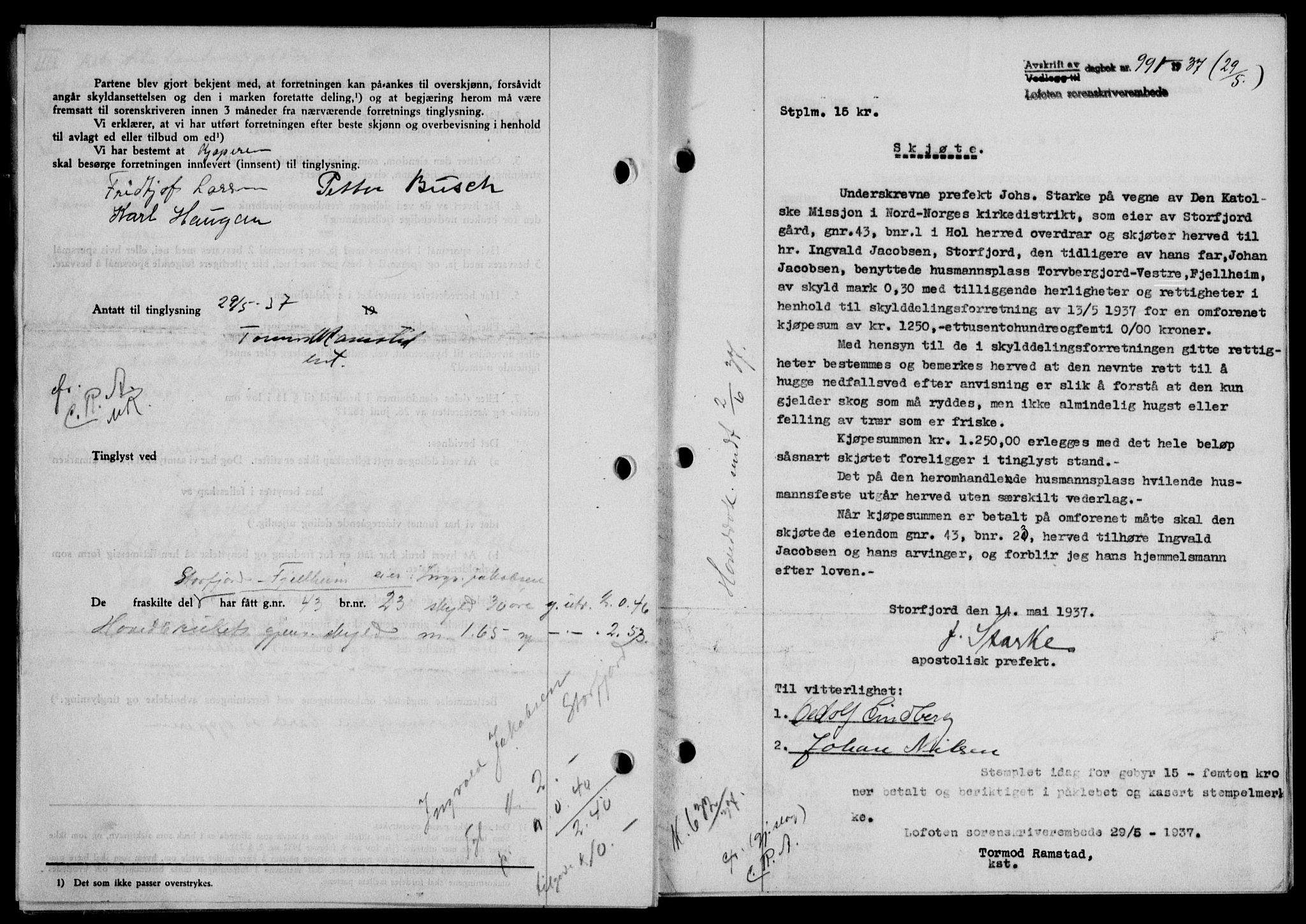 Lofoten sorenskriveri, SAT/A-0017/1/2/2C/L0002a: Mortgage book no. 2a, 1937-1937, Diary no: : 991/1937